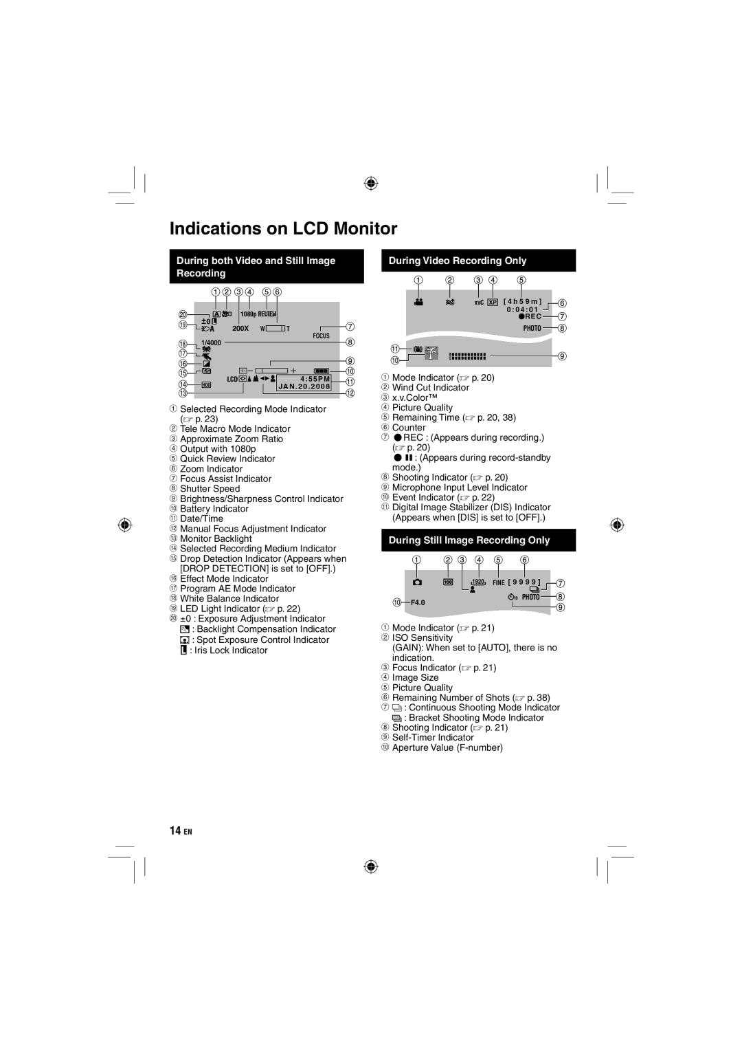 JVC GZ-HD10 manual Indications on LCD Monitor, During both Video and Still Image Recording, During Video Recording Only 