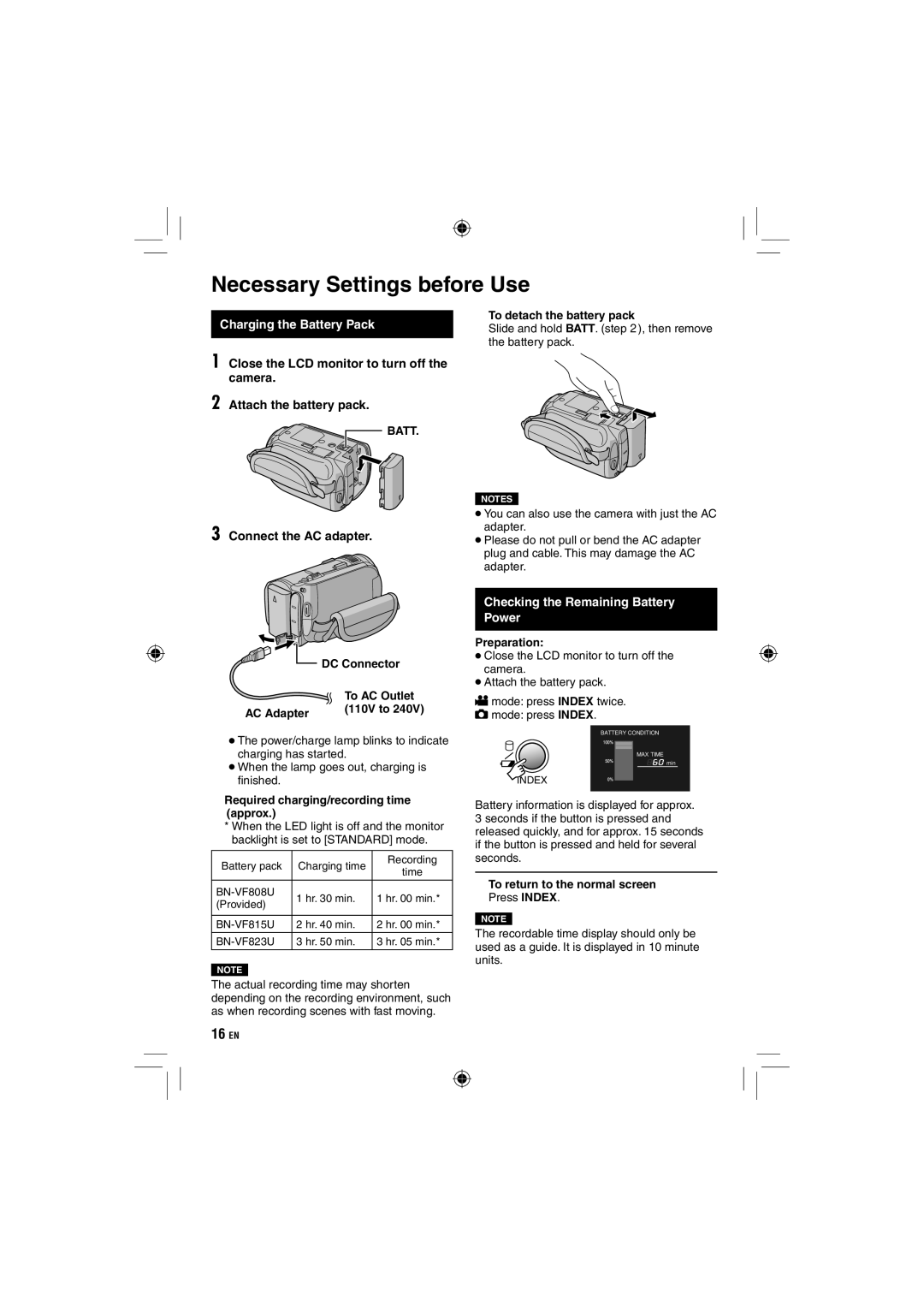 JVC GZ-HD10 manual Necessary Settings before Use, Connect the AC adapter, Checking the Remaining Battery Power 