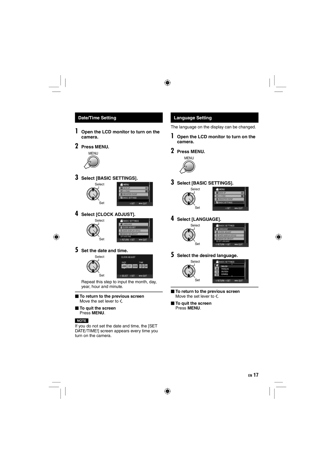 JVC GZ-HD10 manual Date/Time Setting 