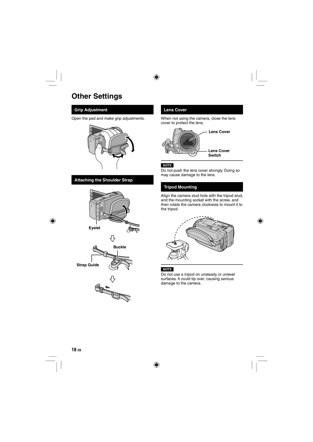 JVC GZ-HD10 manual Other Settings, Grip Adjustment, Attaching the Shoulder Strap, Lens Cover, Tripod Mounting 
