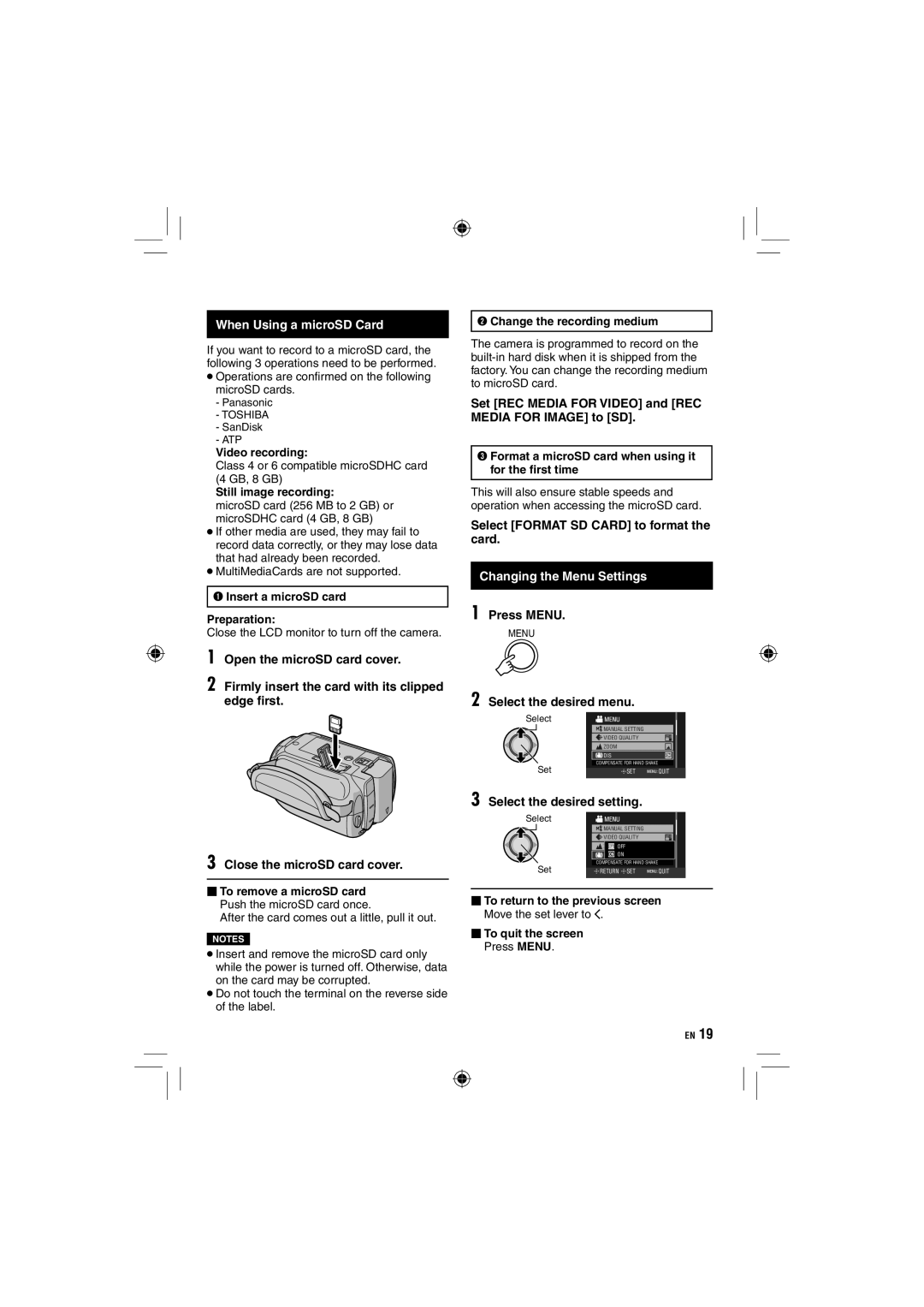 JVC GZ-HD10 manual When Using a microSD Card, Changing the Menu Settings 