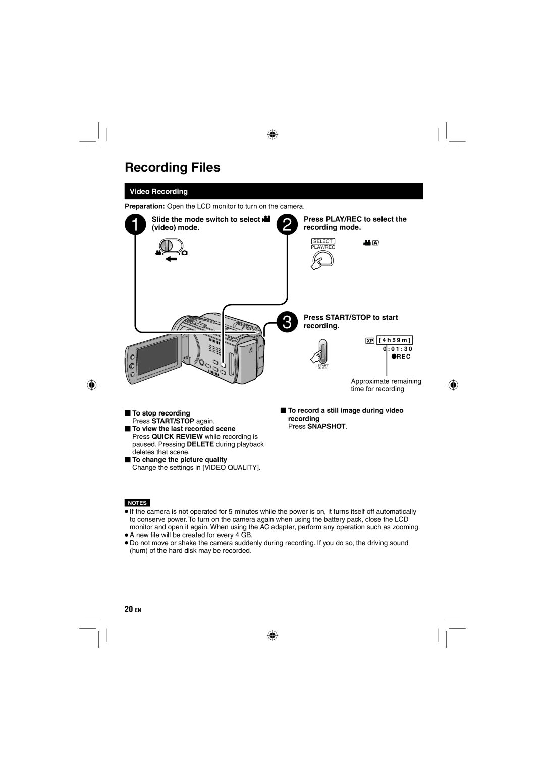 JVC GZ-HD10 manual Recording Files, Video Recording, Slide the mode switch to select, Video mode Recording mode 