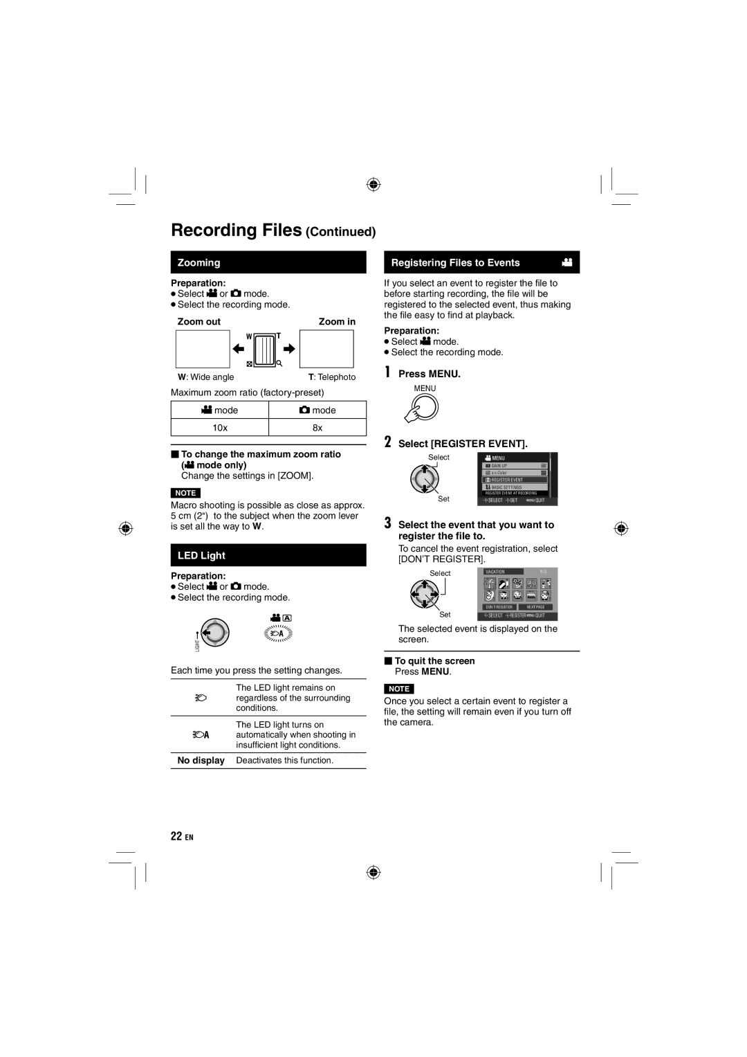 JVC GZ-HD10 manual Zooming, LED Light, Registering Files to Events, Select Register Event 