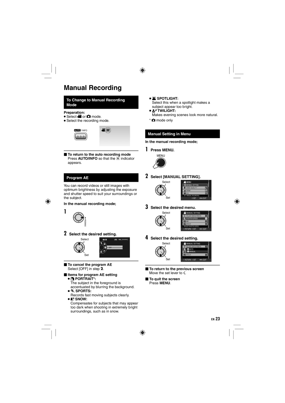 JVC GZ-HD10 manual To Change to Manual Recording Mode, Manual Setting in Menu, Program AE, Select Manual Setting 