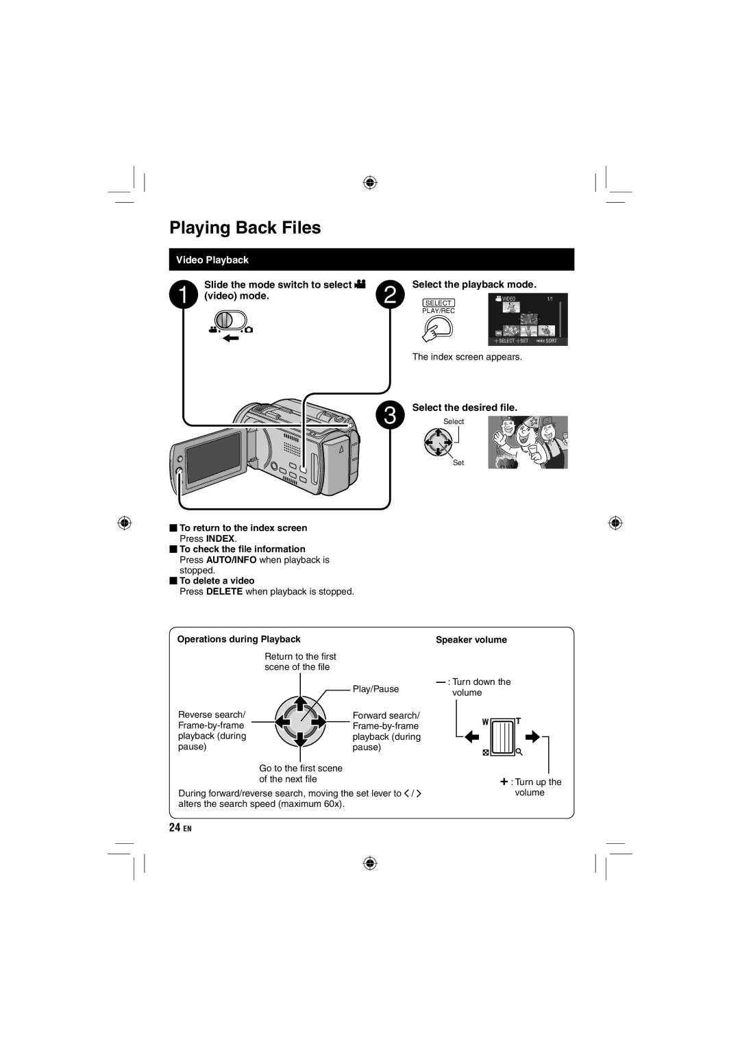 JVC GZ-HD10 manual Playing Back Files, Video Playback, Slide the mode switch to select Video mode, Select the playback mode 