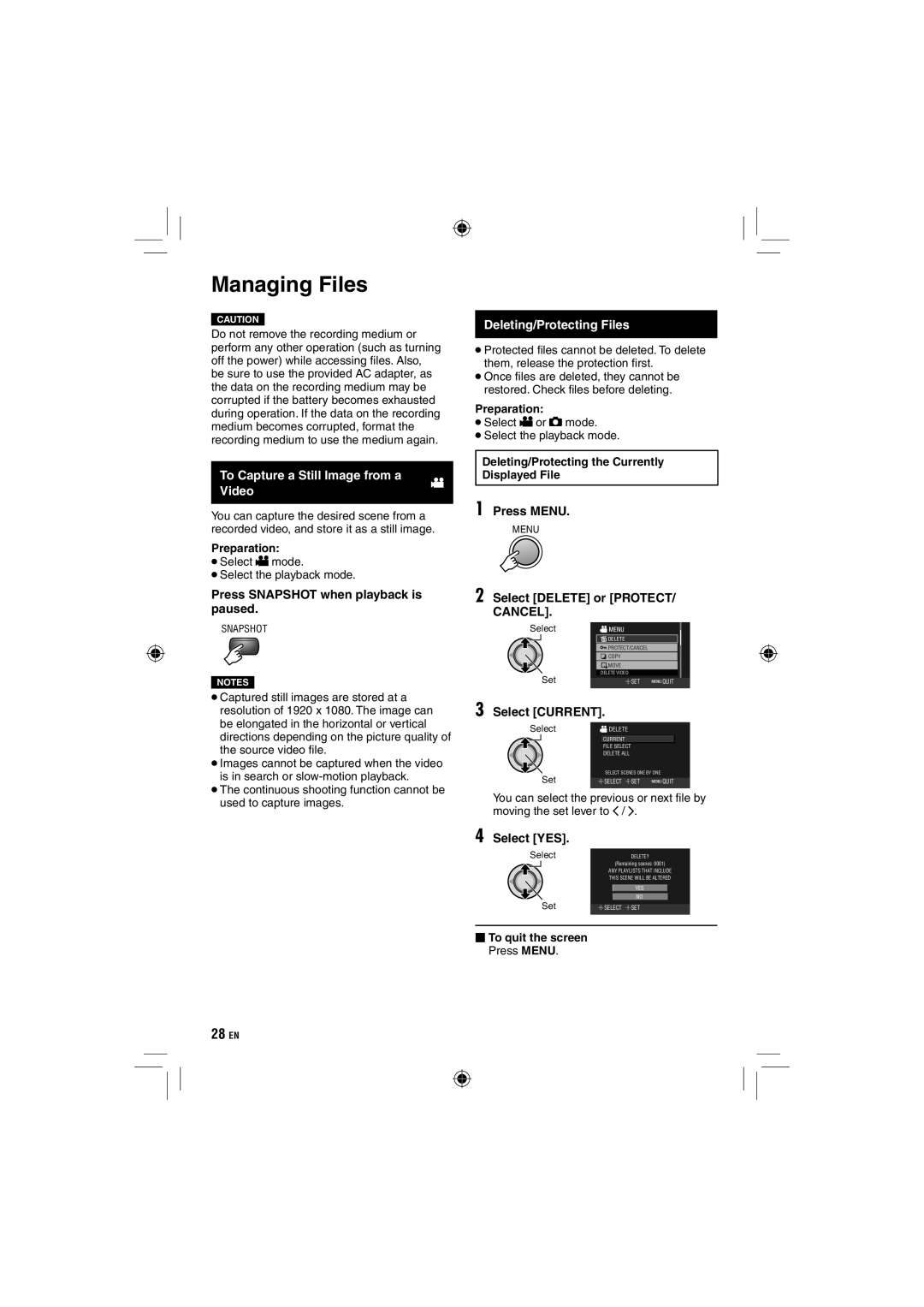 JVC GZ-HD10 manual Managing Files, To Capture a Still Image from a Deleting/Protecting Files, Video 