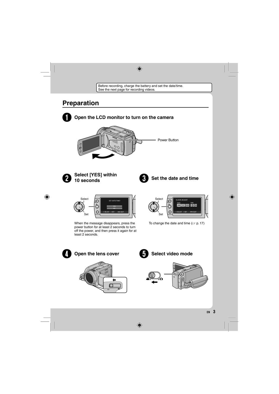 JVC GZ-HD10 manual Preparation, Select YES within Set the date and time Seconds 