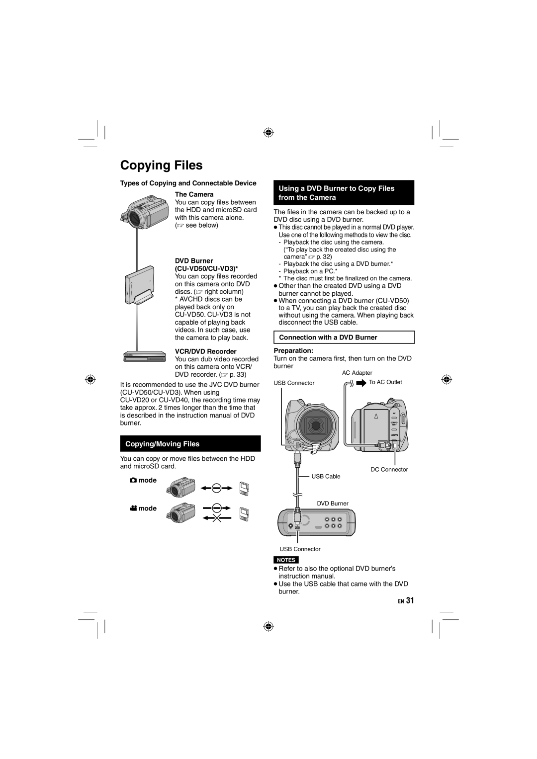 JVC GZ-HD10 manual Copying Files, Copying/Moving Files, Using a DVD Burner to Copy Files from the Camera 