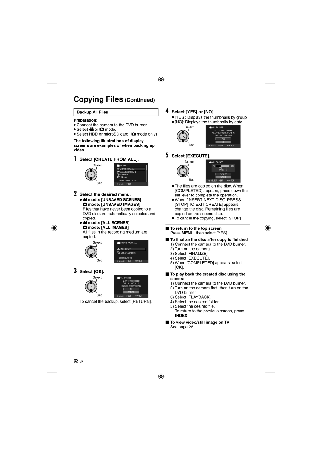 JVC GZ-HD10 manual Select Create from ALL, Select OK, Select YES or no, Select Execute 