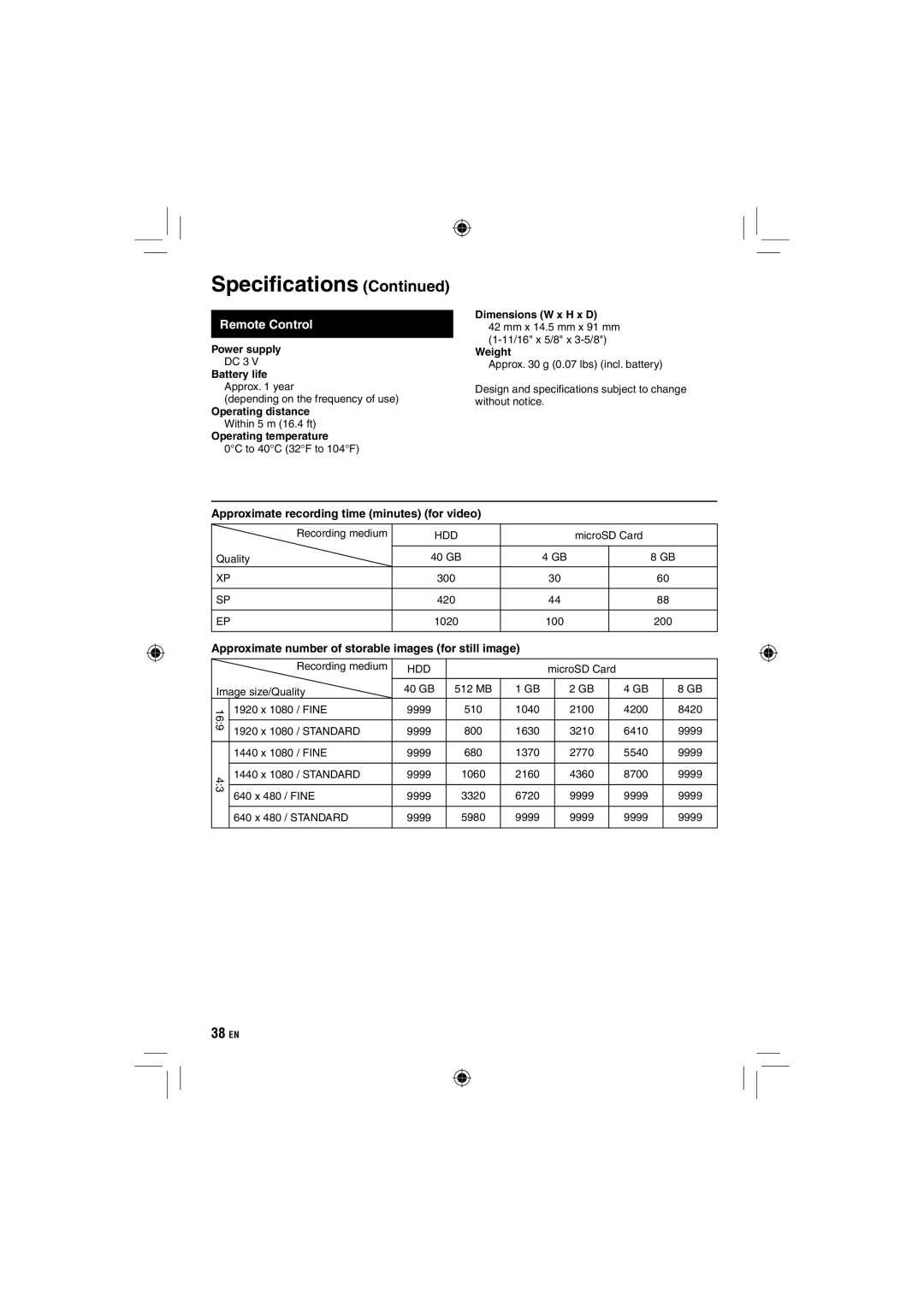 JVC GZ-HD10 manual Approximate recording time minutes for video, Approximate number of storable images for still image 