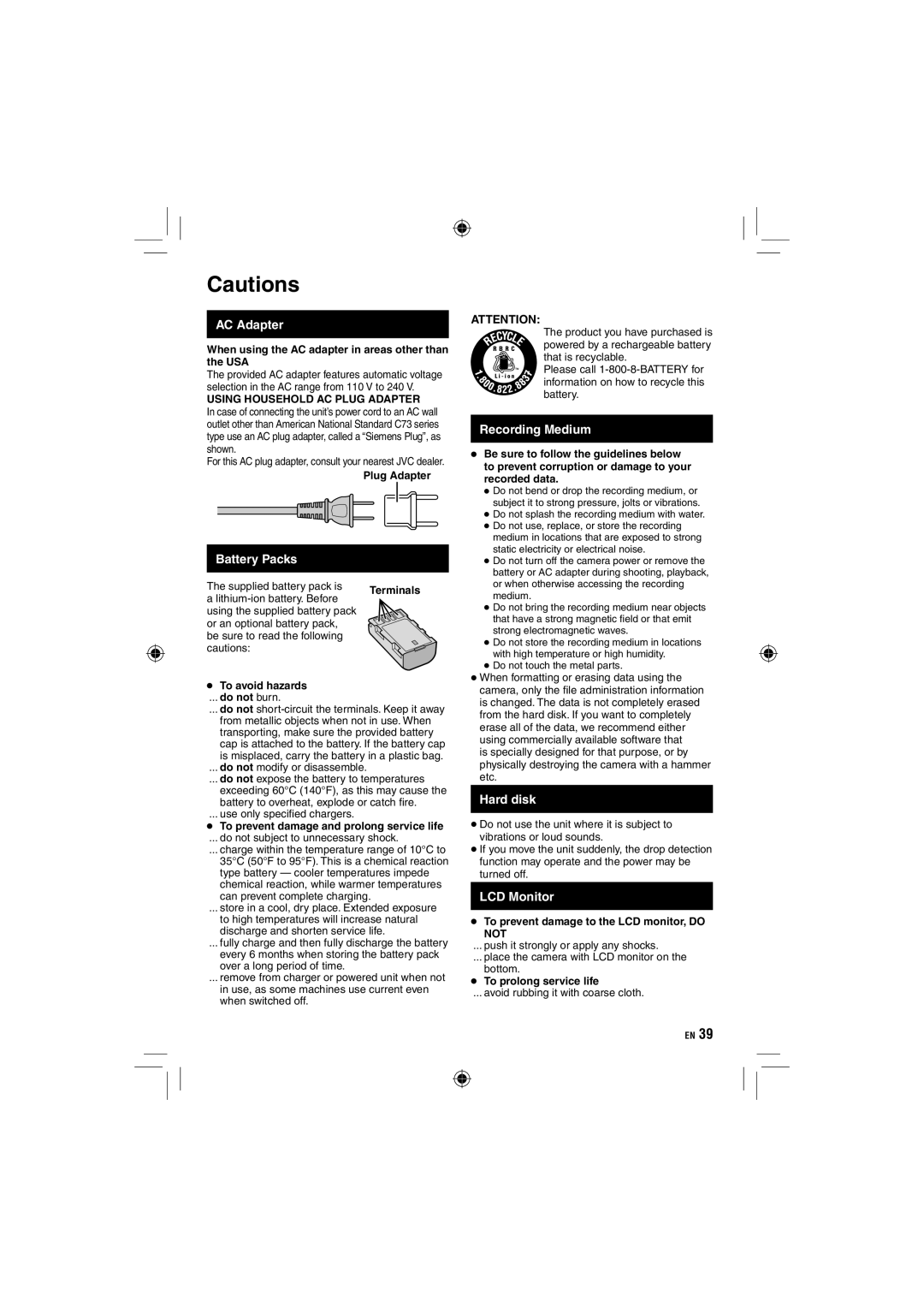 JVC GZ-HD10 manual Battery Packs, Recording Medium, Hard disk, LCD Monitor 