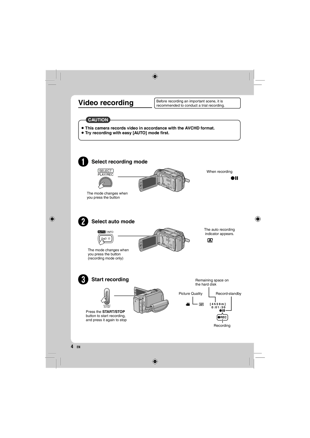 JVC GZ-HD10 manual Video recording, Start recording 