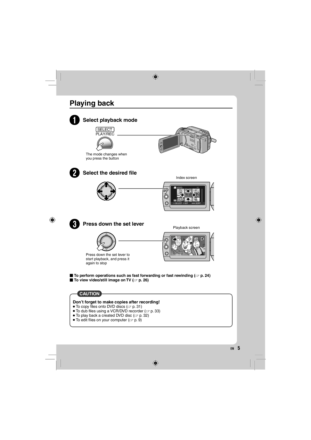 JVC GZ-HD10 manual Playing back, Don’t forget to make copies after recording 