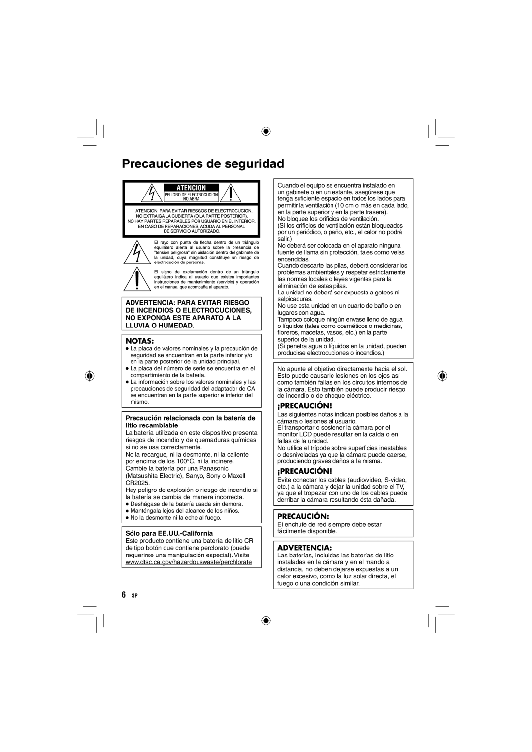 JVC GZ-HD10 manual Precauciones de seguridad, Precaución relacionada con la batería de litio recambiable 