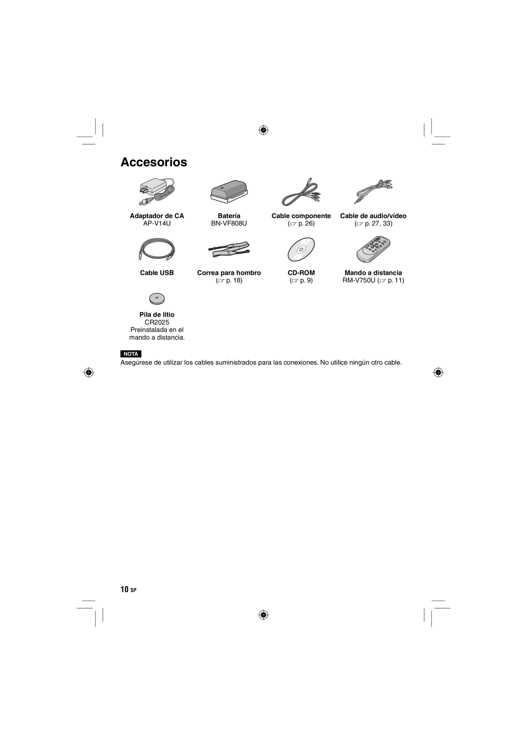 JVC GZ-HD10 manual Accesorios,  p, Cable USB, Pila de litio 