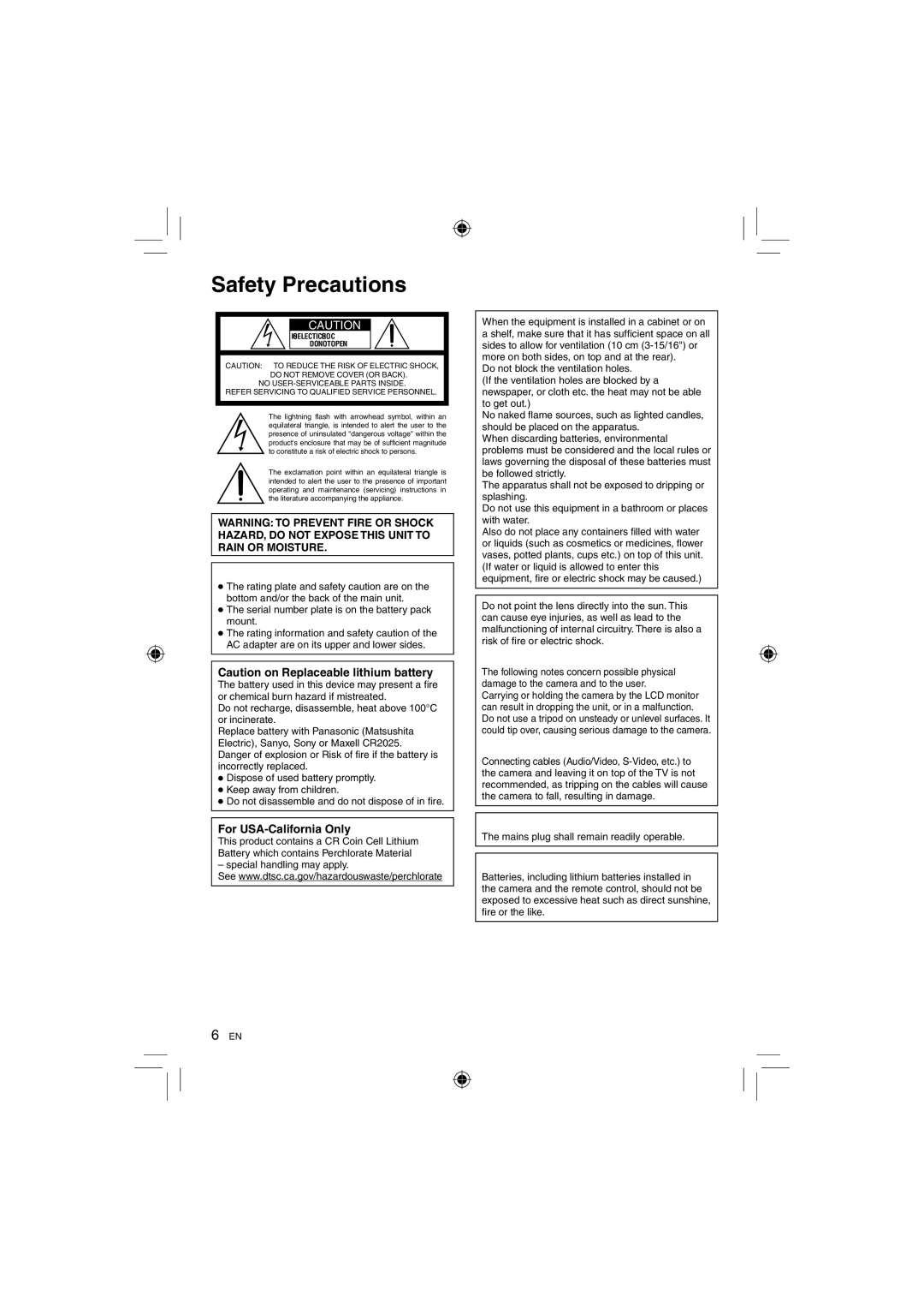 JVC GZ-HD10 manual Safety Precautions, For USA-California Only 