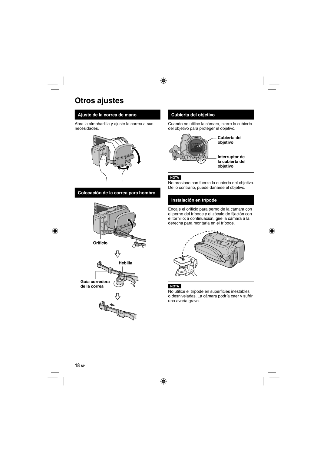 JVC GZ-HD10 manual Otros ajustes, Ajuste de la correa de mano, Colocación de la correa para hombro, Cubierta del objetivo 