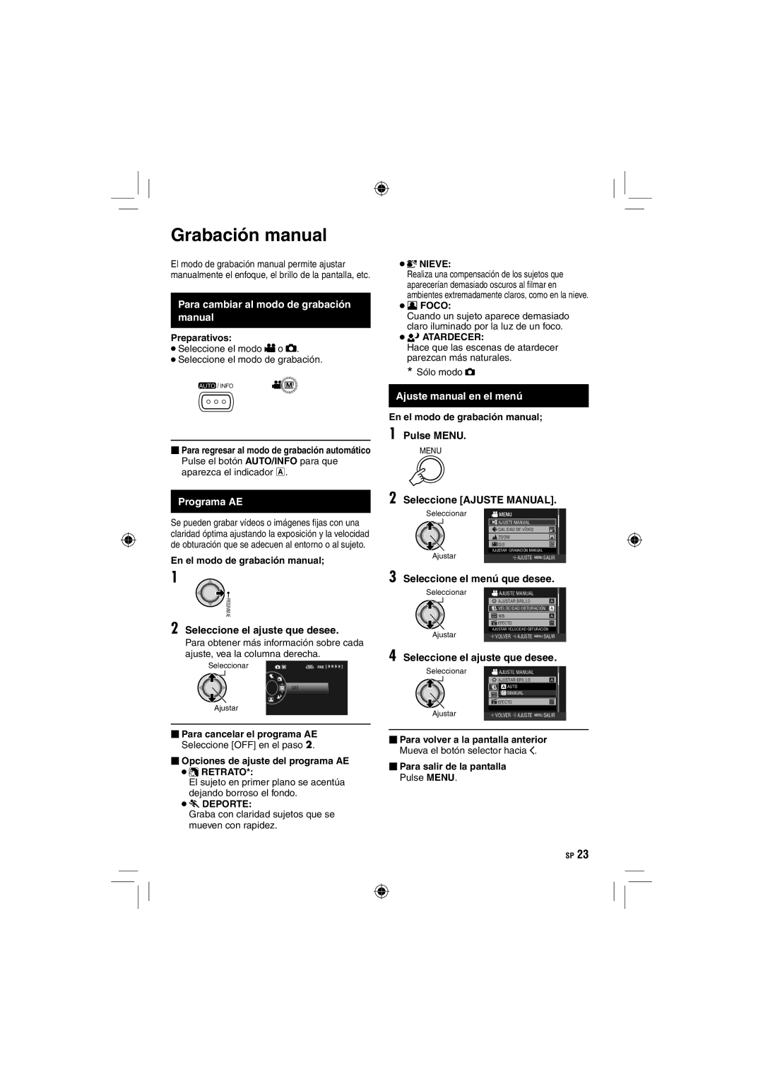 JVC GZ-HD10 Grabación manual, Para cambiar al modo de grabación manual, Ajuste manual en el menú, Programa AE 