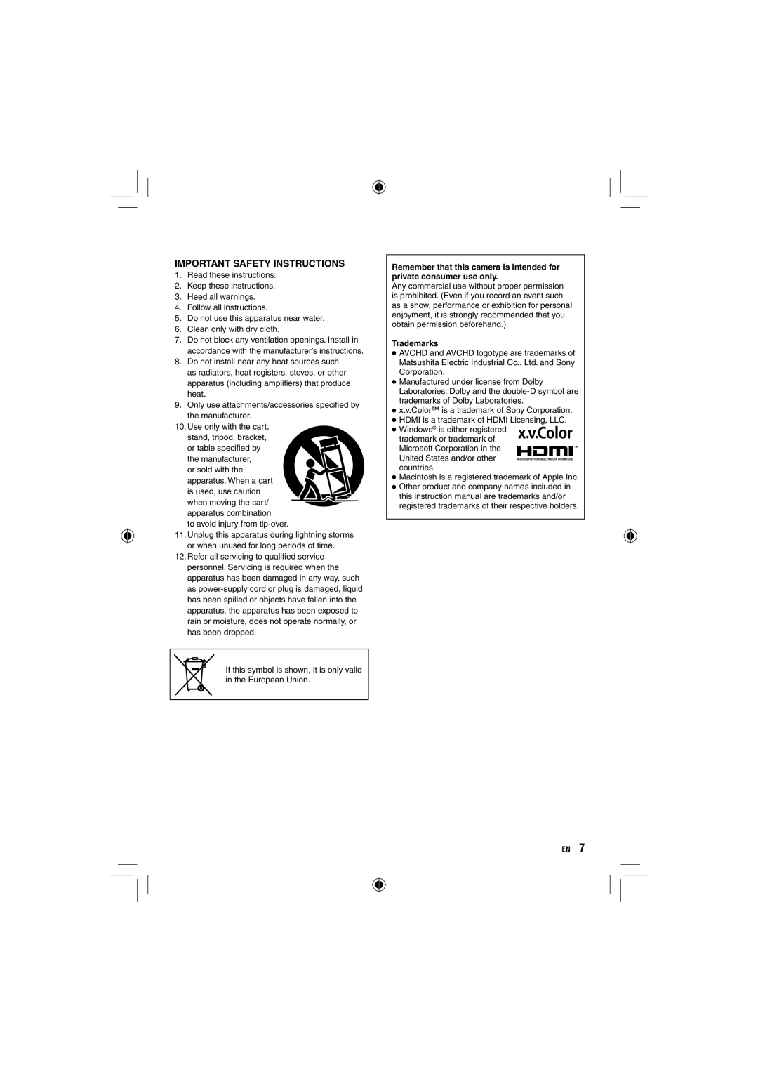 JVC GZ-HD10 manual Important Safety Instructions, Trademarks 