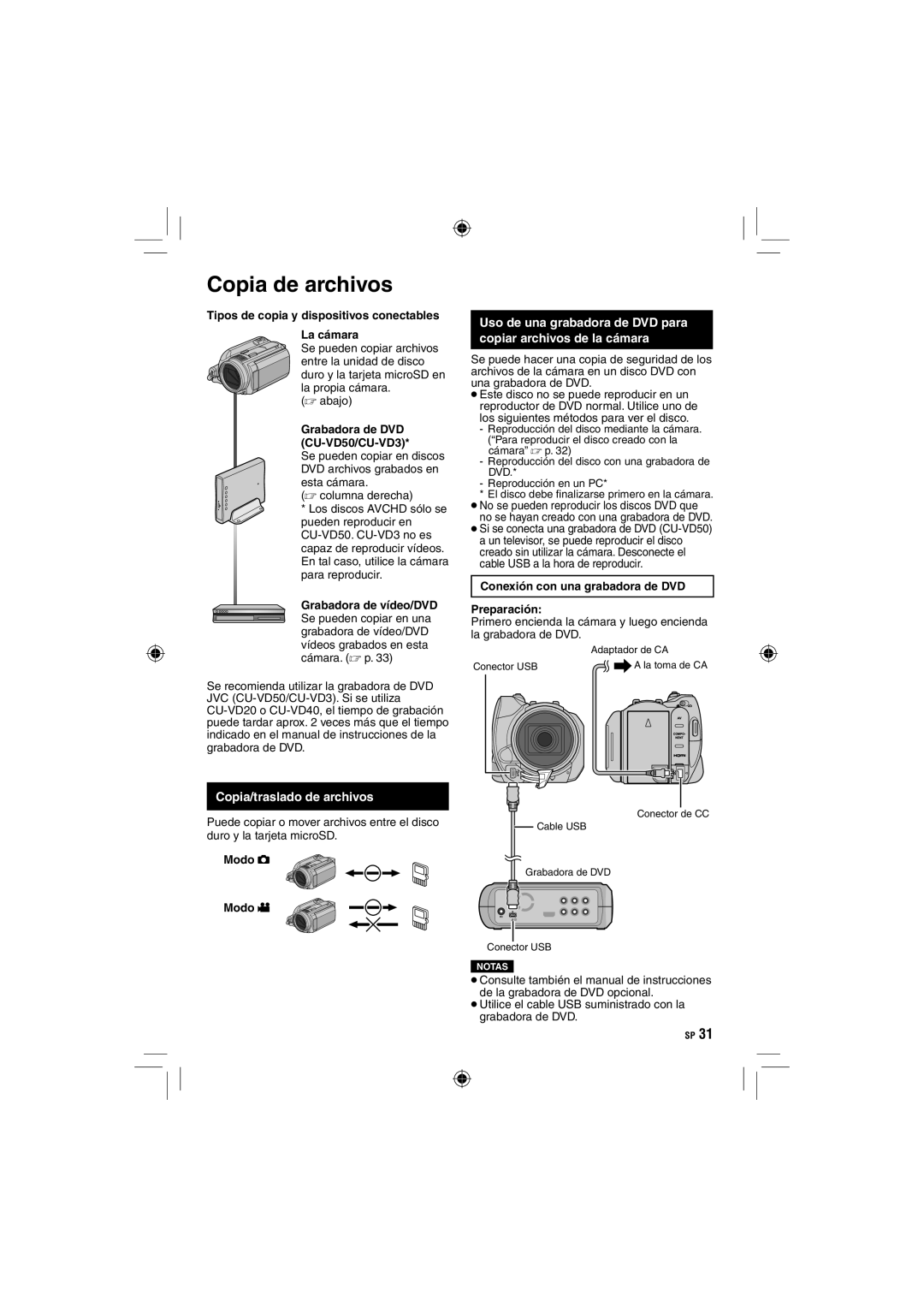 JVC GZ-HD10 manual Copia de archivos, Copia/traslado de archivos, Tipos de copia y dispositivos conectables La cámara 