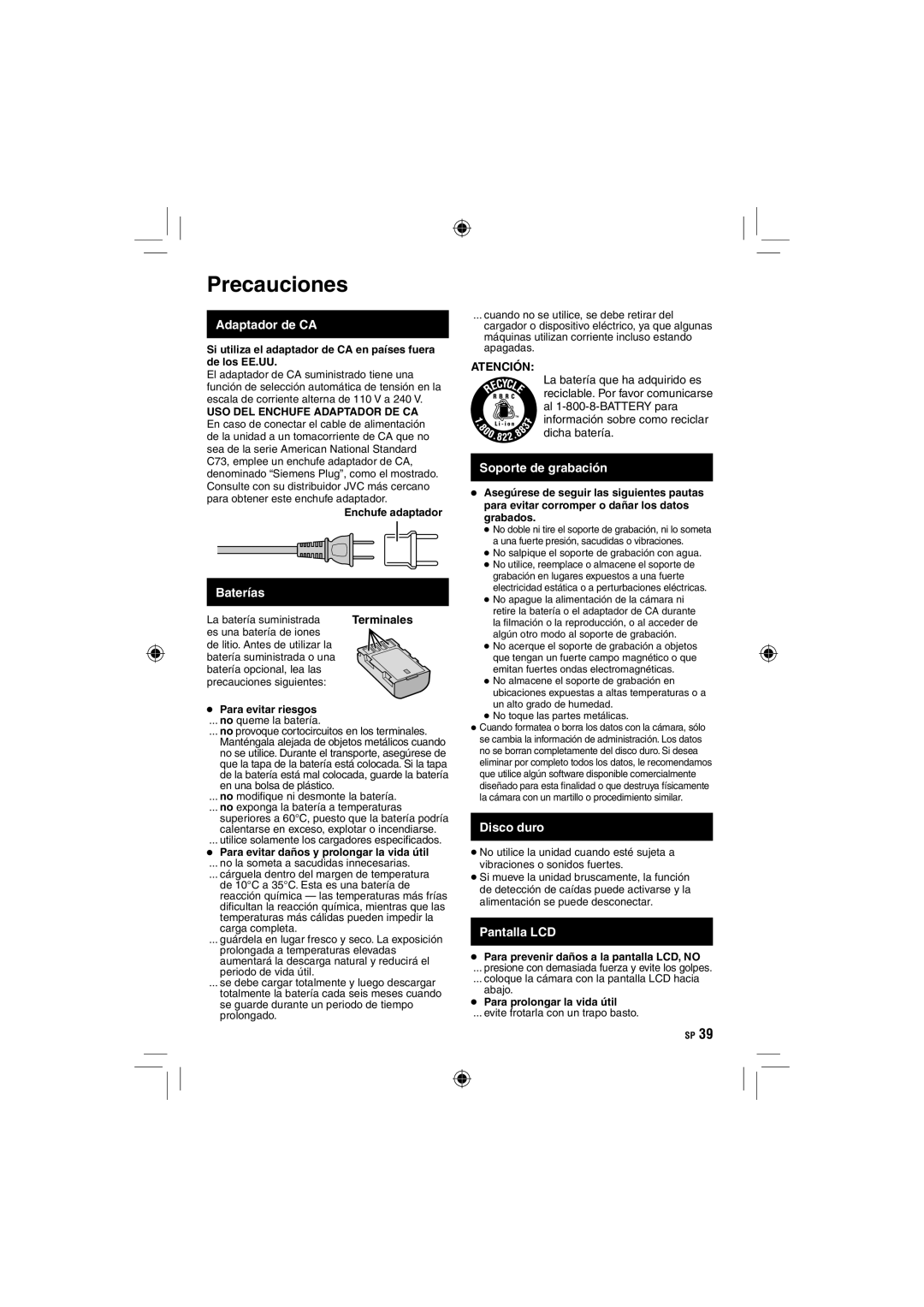 JVC GZ-HD10 manual Precauciones, Baterías, Soporte de grabación, Disco duro, Pantalla LCD 