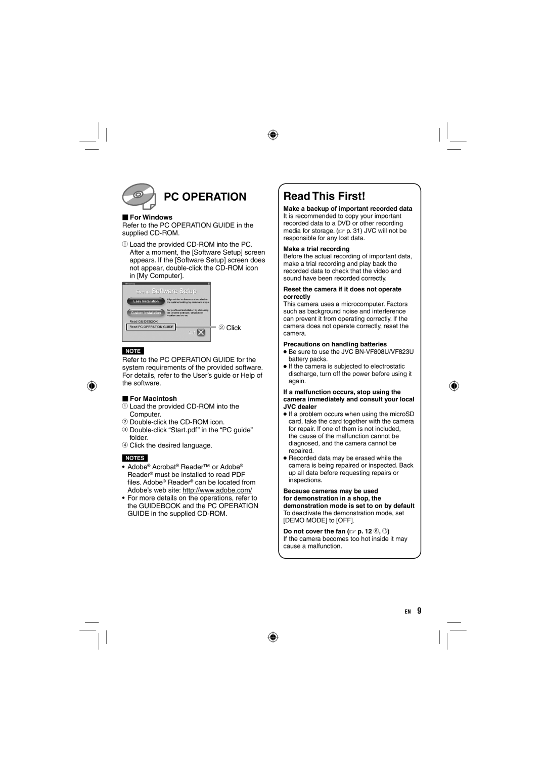 JVC GZ-HD10 manual For Windows, For Macintosh, Reset the camera if it does not operate correctly, Do not cover the fan p 