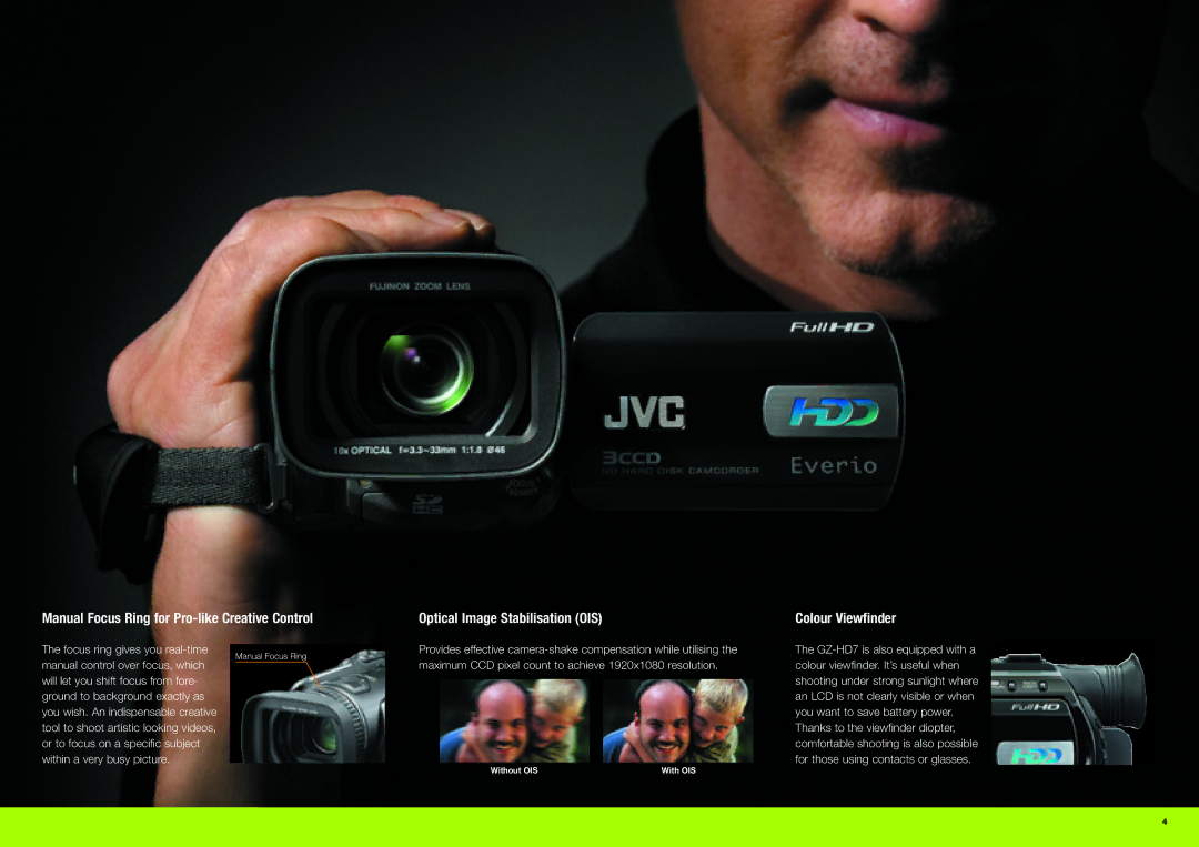 JVC GZ-HD7, GZ-HD3 manual Manual Focus Ring for Pro-like Creative Control, Colour Viewfinder 