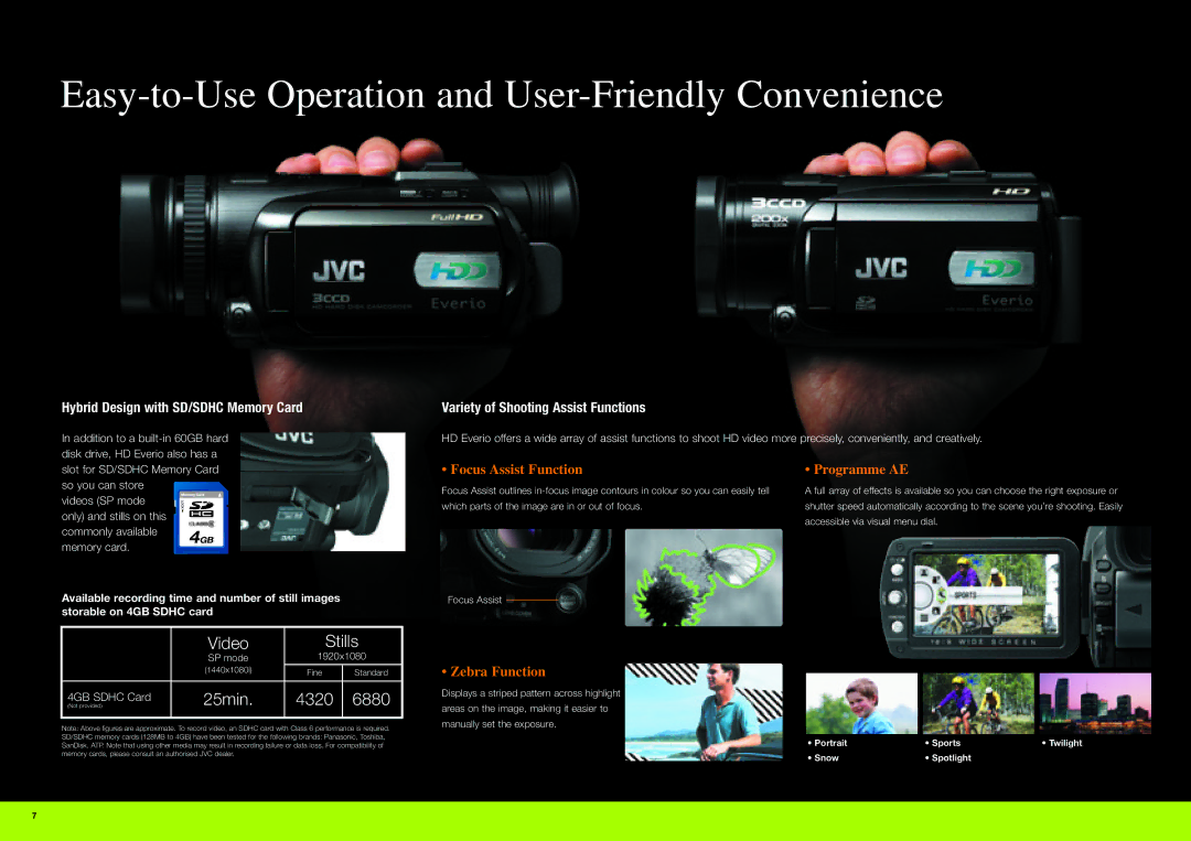 JVC GZ-HD3, GZ-HD7 manual Hybrid Design with SD/SDHC Memory Card, Variety of Shooting Assist Functions 