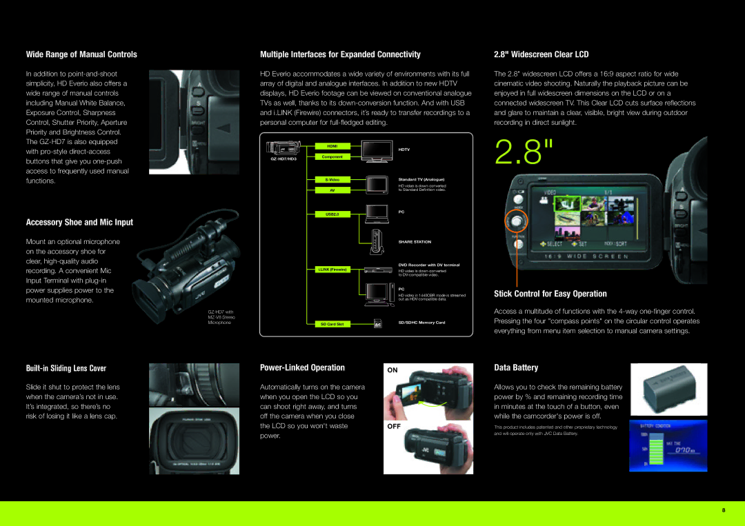 JVC GZ-HD7, GZ-HD3 manual Wide Range of Manual Controls, Multiple Interfaces for Expanded Connectivity, Widescreen Clear LCD 