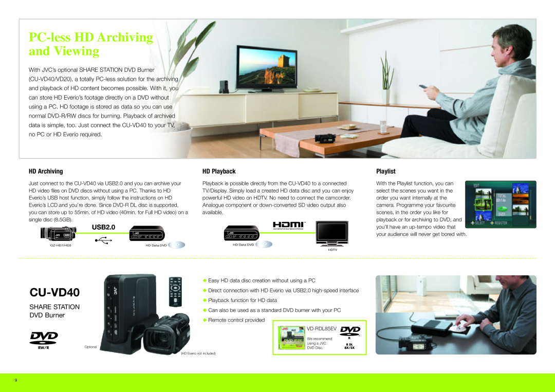 JVC GZ-HD3, GZ-HD7 manual HD Playback, Playlist, PC-less HD Archiving and Viewing, CU-VD40, Share Station, DVD Burner 