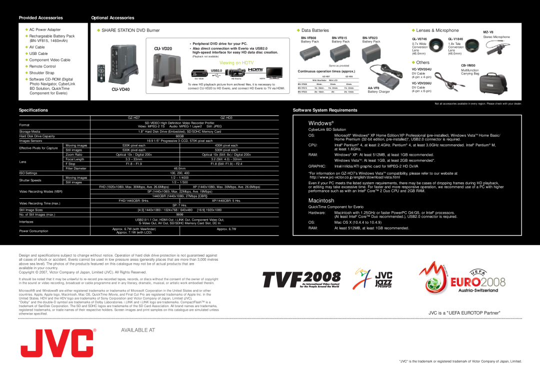 JVC GZ-HD3 Windows, Macintosh, Provided Accessories, Optional Accessories, CU-VD20, CU-VD40, Specifications, Available At 