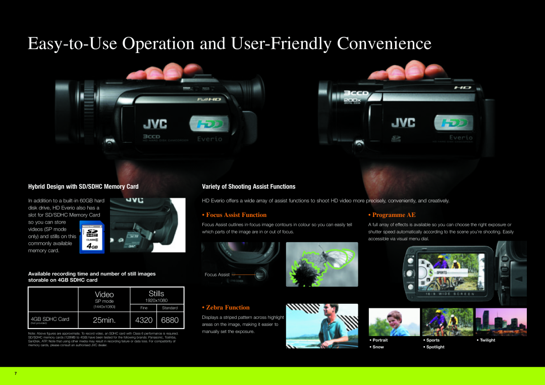 JVC GZ-HD3 Hybrid Design with SD/SDHC Memory Card, Variety of Shooting Assist Functions, Video, 25min, 4320, 6880, Stills 
