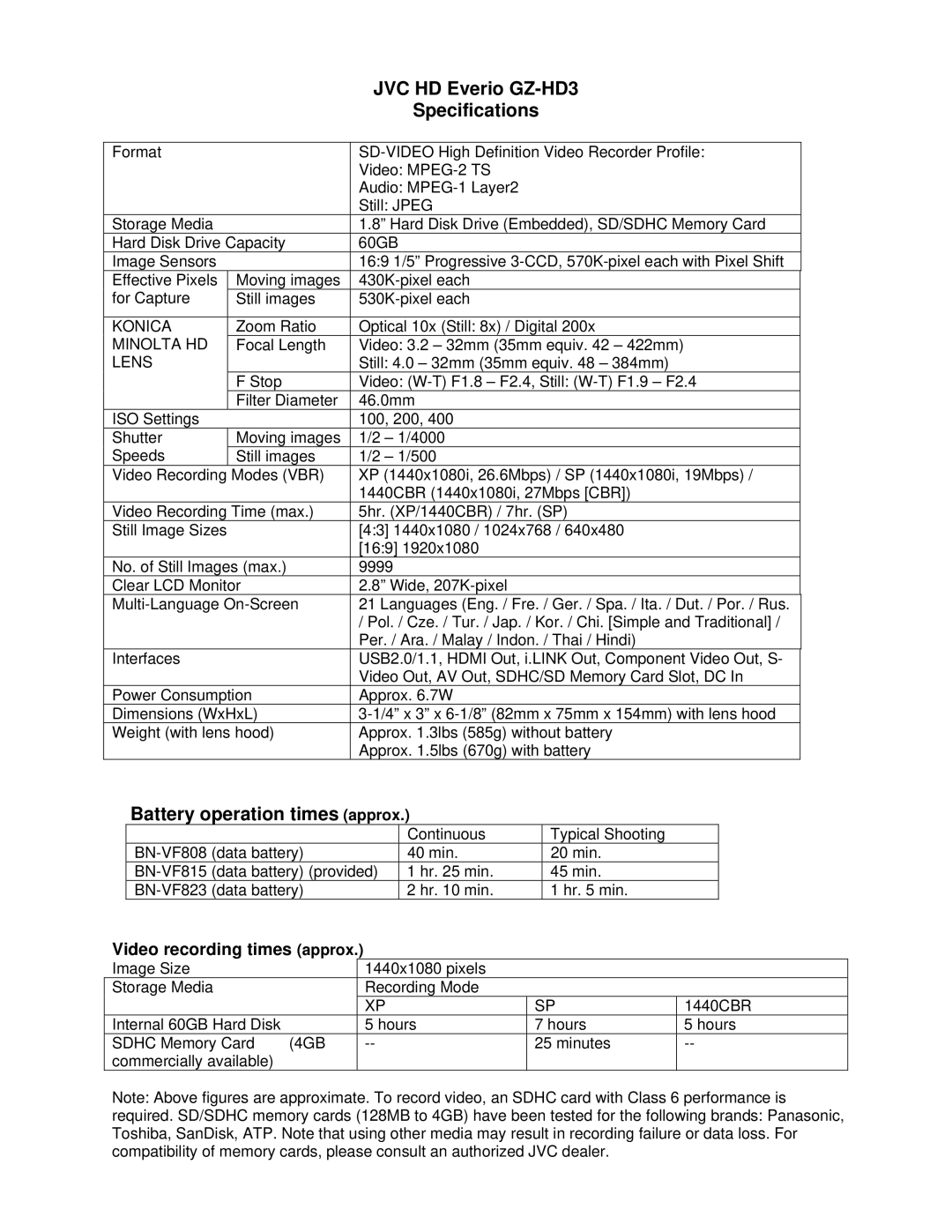 JVC specifications JVC HD Everio GZ-HD3 Specifications, Battery operation times approx, Video recording times approx 