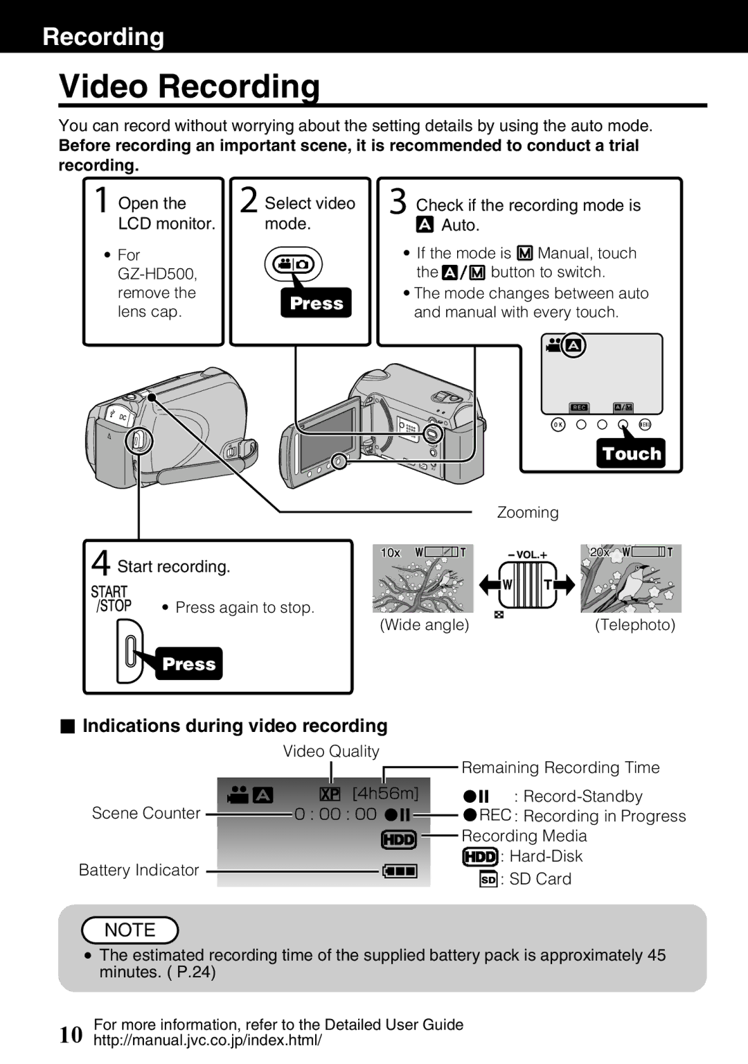 JVC GZ-HD620U manual Video Recording, Indications during video recording 