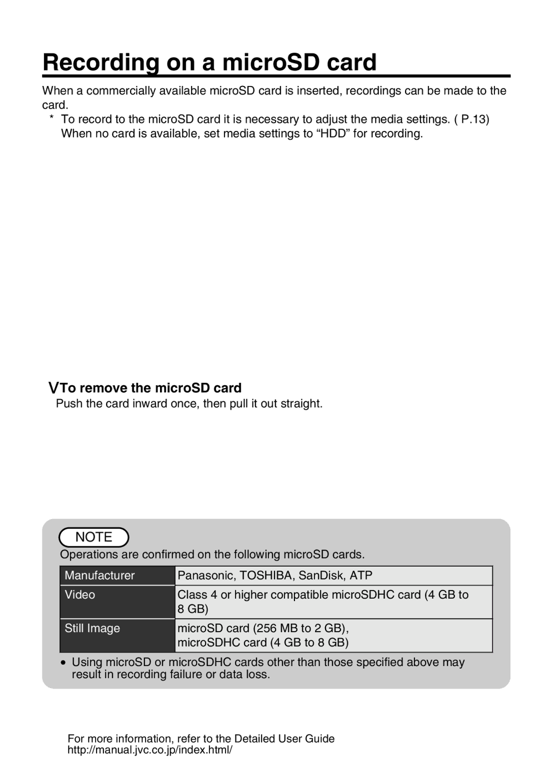 JVC GZ-HD620U manual Recording on a microSD card, To remove the microSD card, Manufacturer Video Still Image 