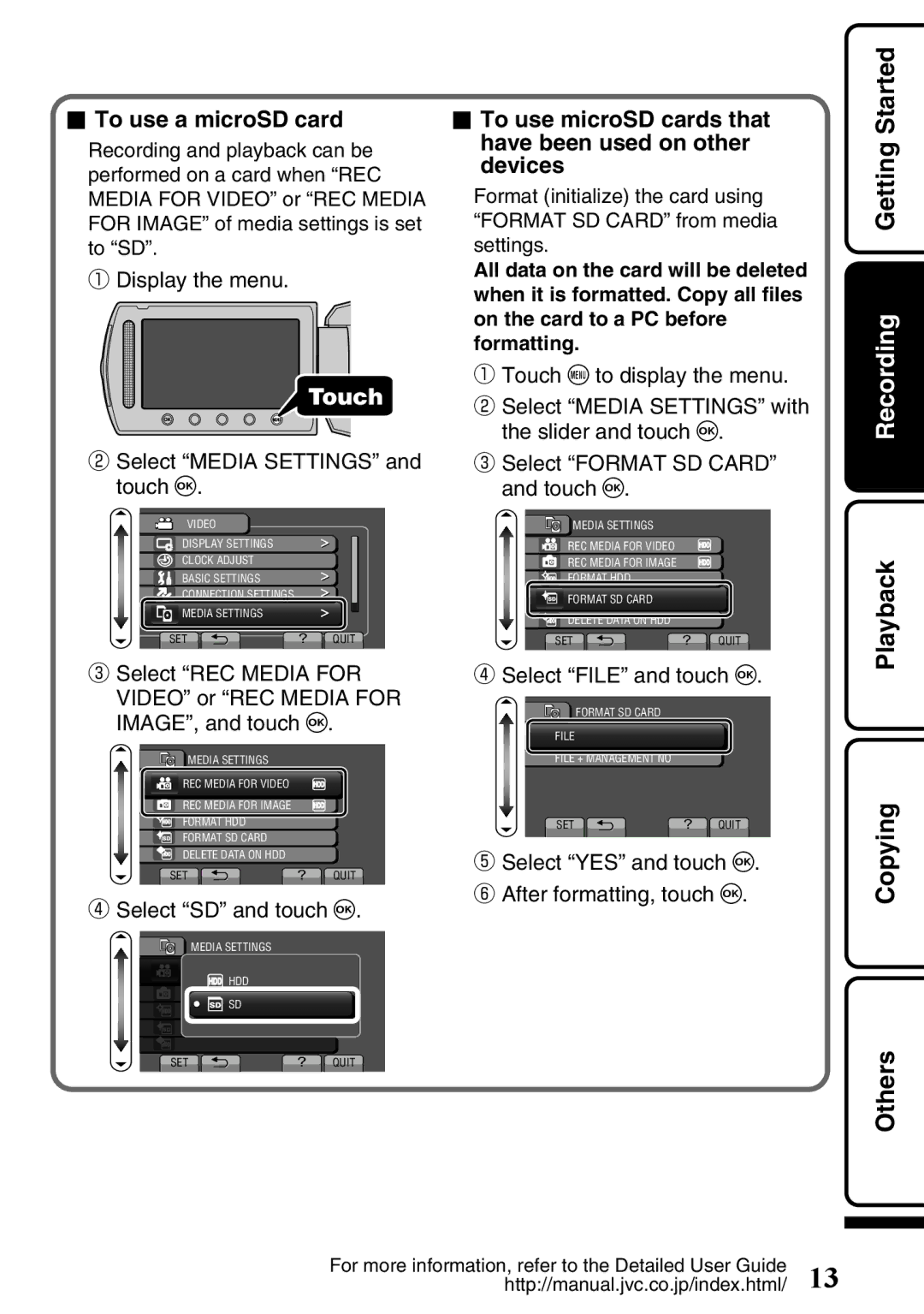 JVC GZ-HD620U manual To use a microSD card, To use microSD cards that have been used on other devices 