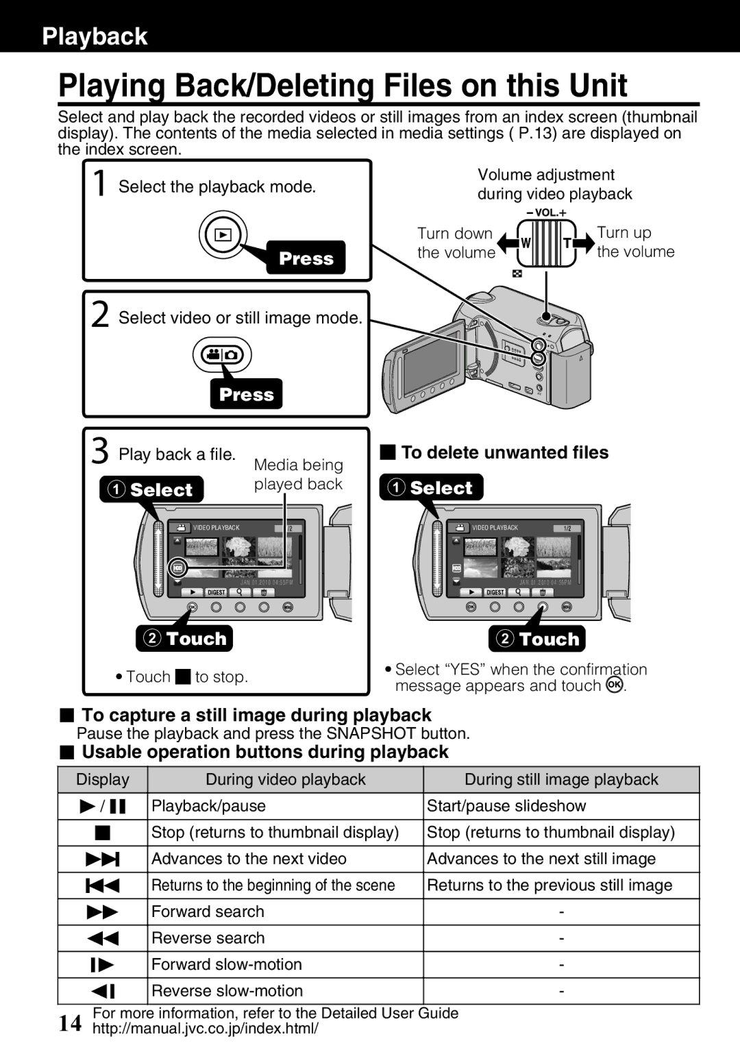 JVC GZ-HD620U manual Playing Back/Deleting Files on this Unit, To capture a still image during playback 