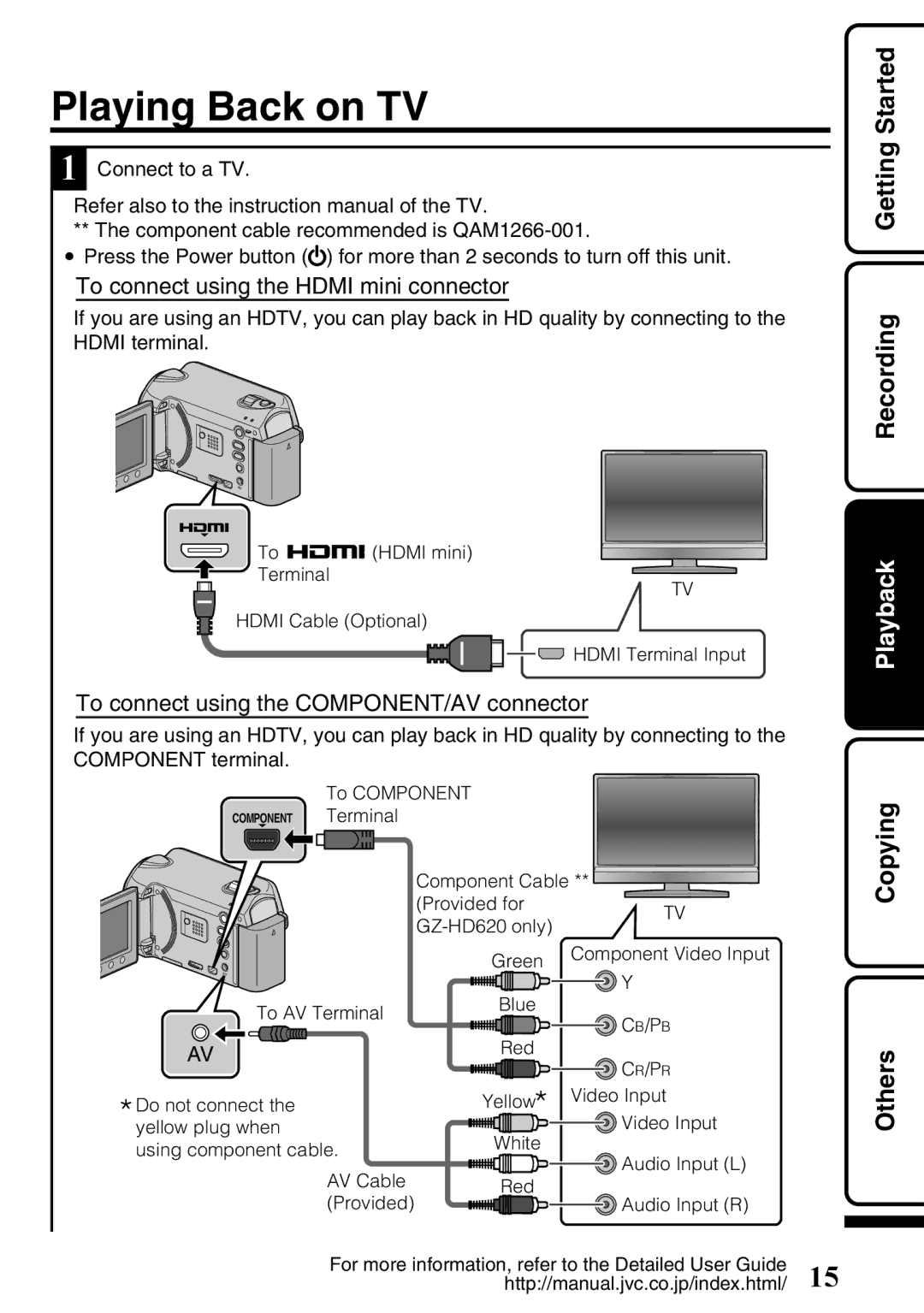 JVC GZ-HD620U Playing Back on TV, To connect using the Hdmi mini connector, To connect using the COMPONENT/AV connector 