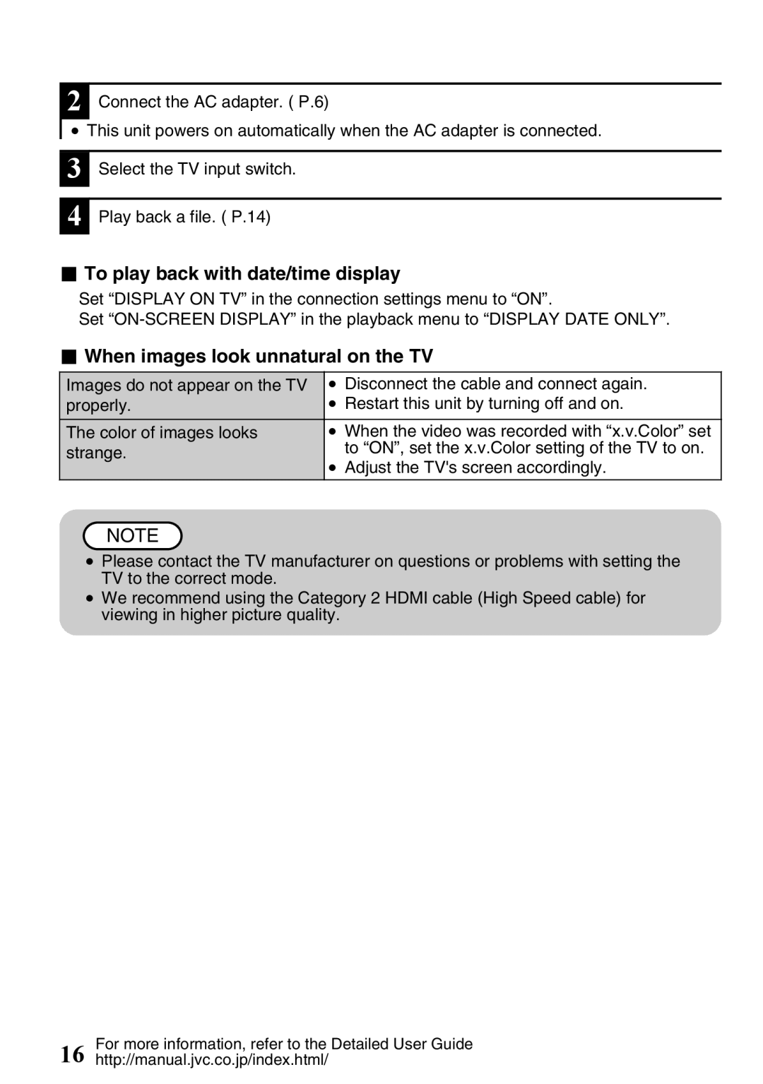 JVC GZ-HD620U manual To play back with date/time display, When images look unnatural on the TV 