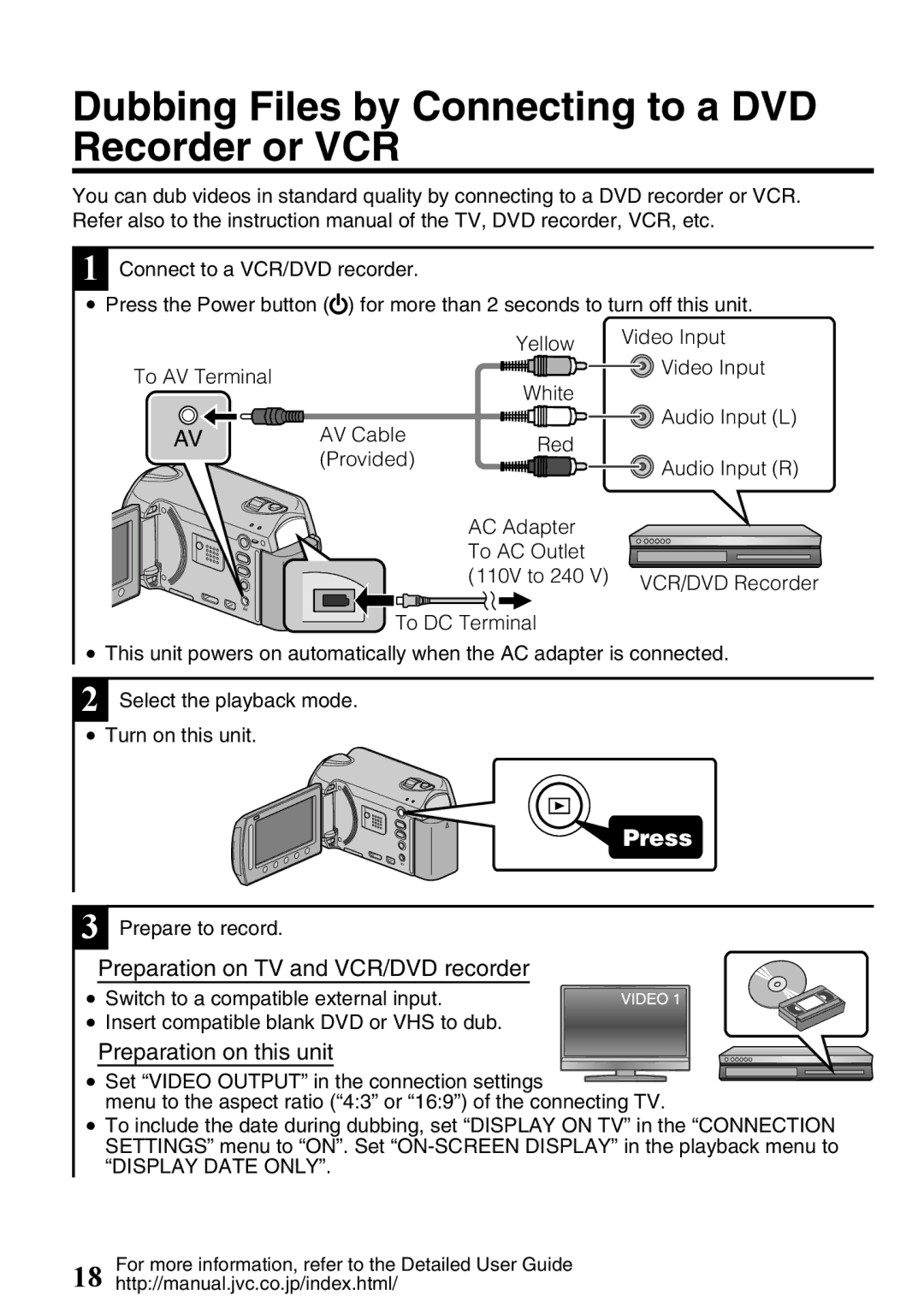 JVC GZ-HD620U manual Dubbing Files by Connecting to a DVD Recorder or VCR, Preparation on TV and VCR/DVD recorder 