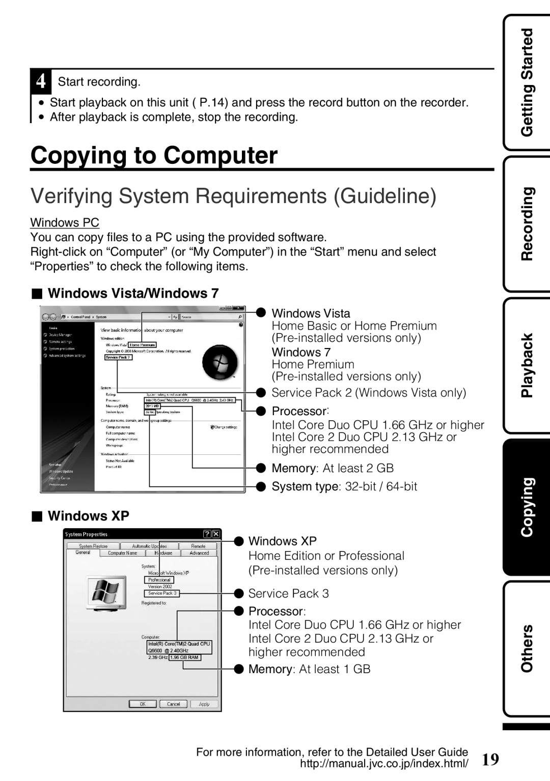 JVC GZ-HD620U manual Copying to Computer, Verifying System Requirements Guideline, Getting Started 