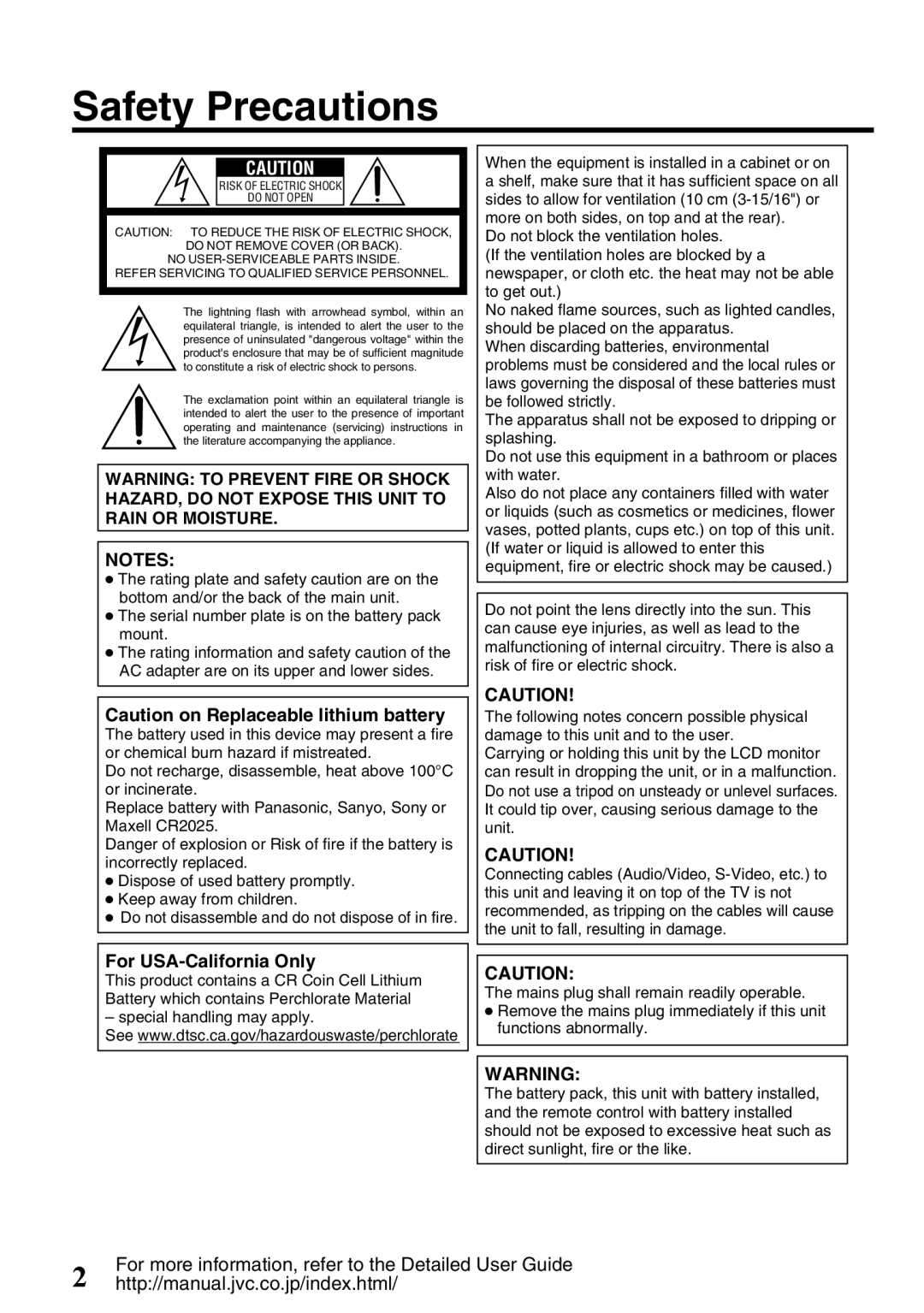 JVC GZ-HD620U manual Safety Precautions, For USA-California Only 