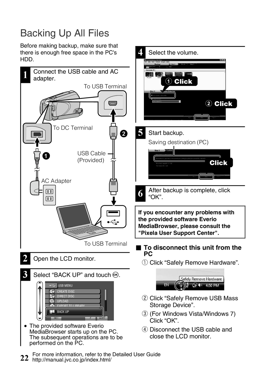 JVC GZ-HD620U manual Backing Up All Files, To disconnect this unit from, Start backup Saving destination PC 