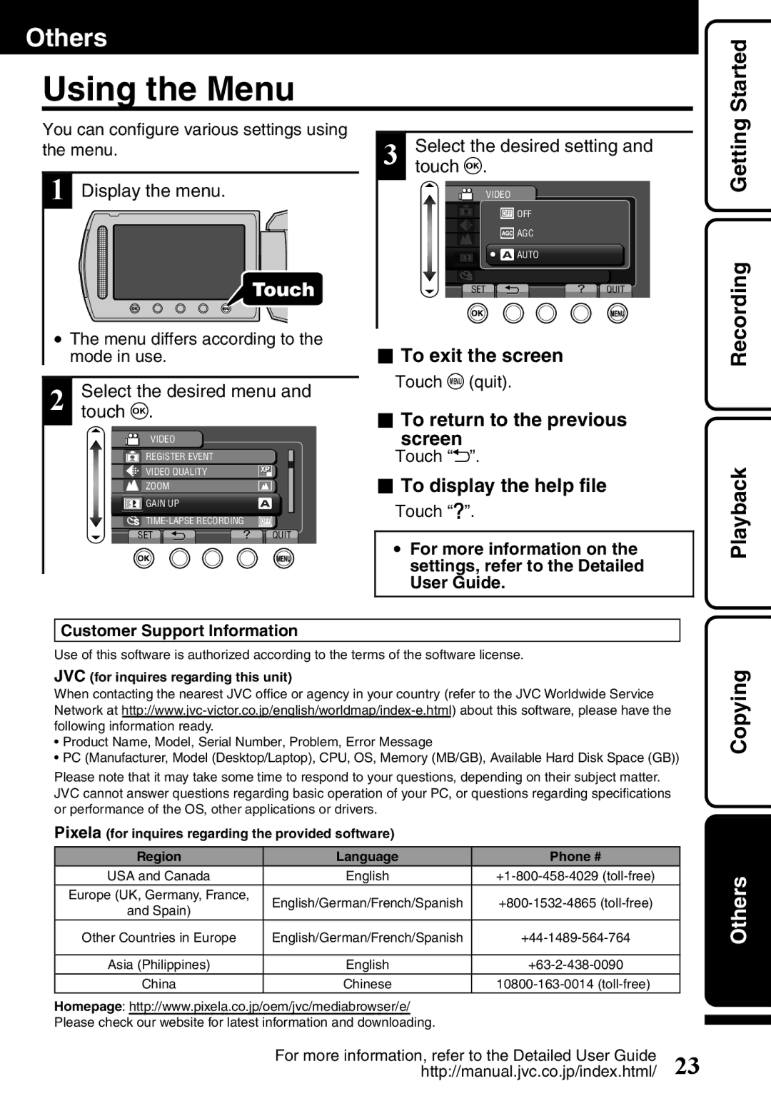 JVC GZ-HD620U manual Using the Menu, Recording Getting, Copying 