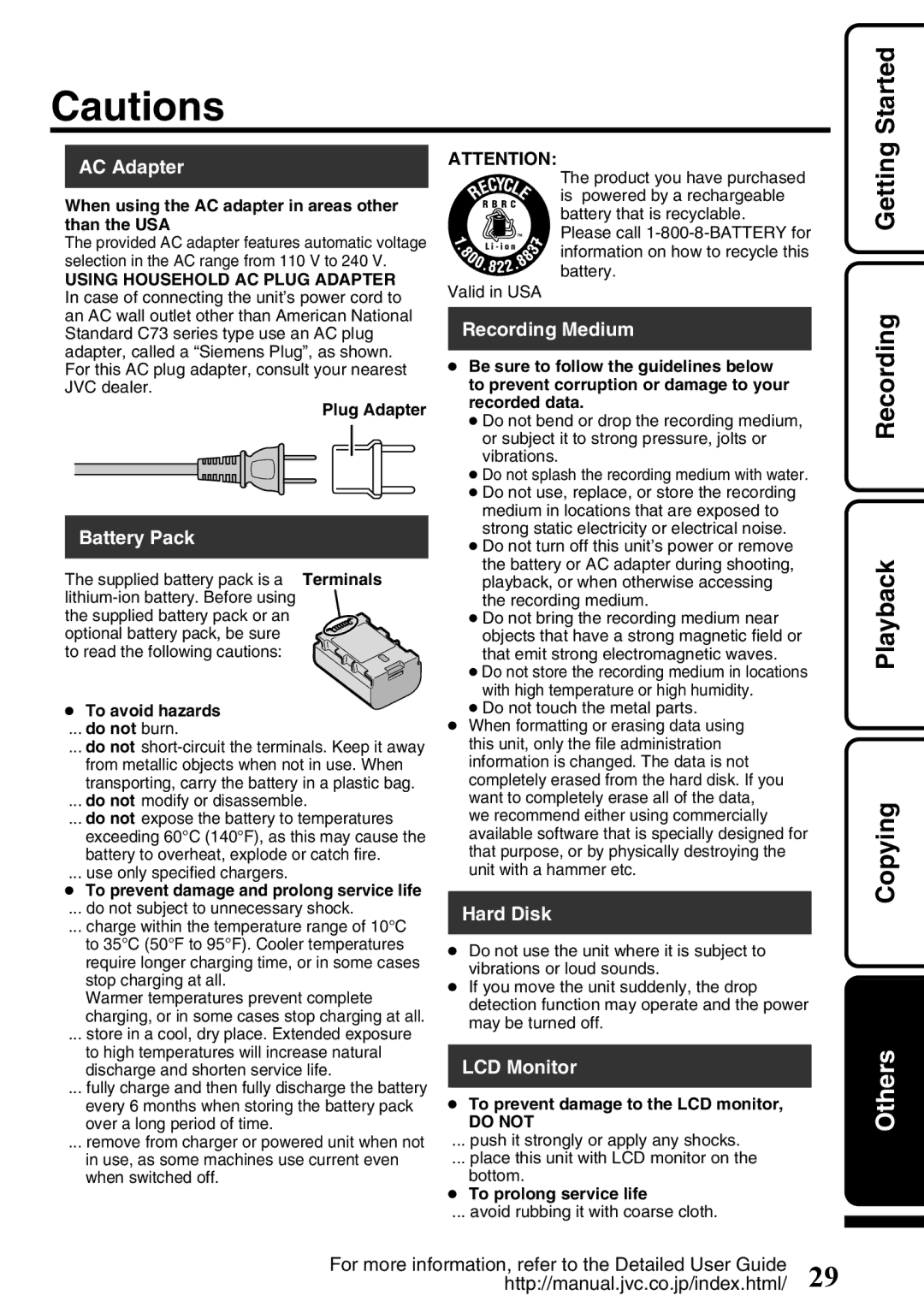 JVC GZ-HD620U manual OthersCopying Playback Recording Getting, When using the AC adapter in areas other than the USA 