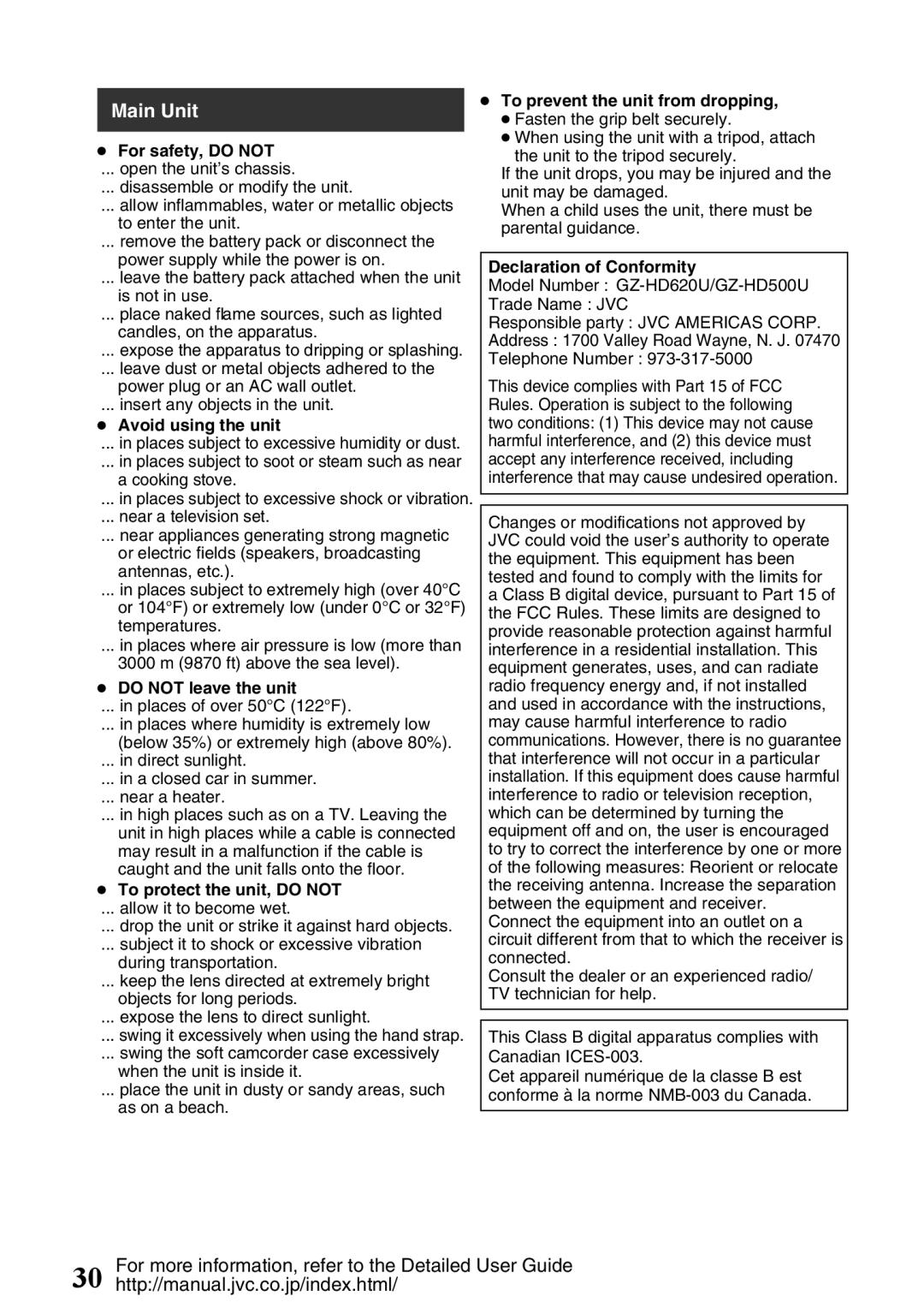 JVC GZ-HD620U manual For safety, do not, Avoid using the unit, Do not leave the unit, To protect the unit, do not 