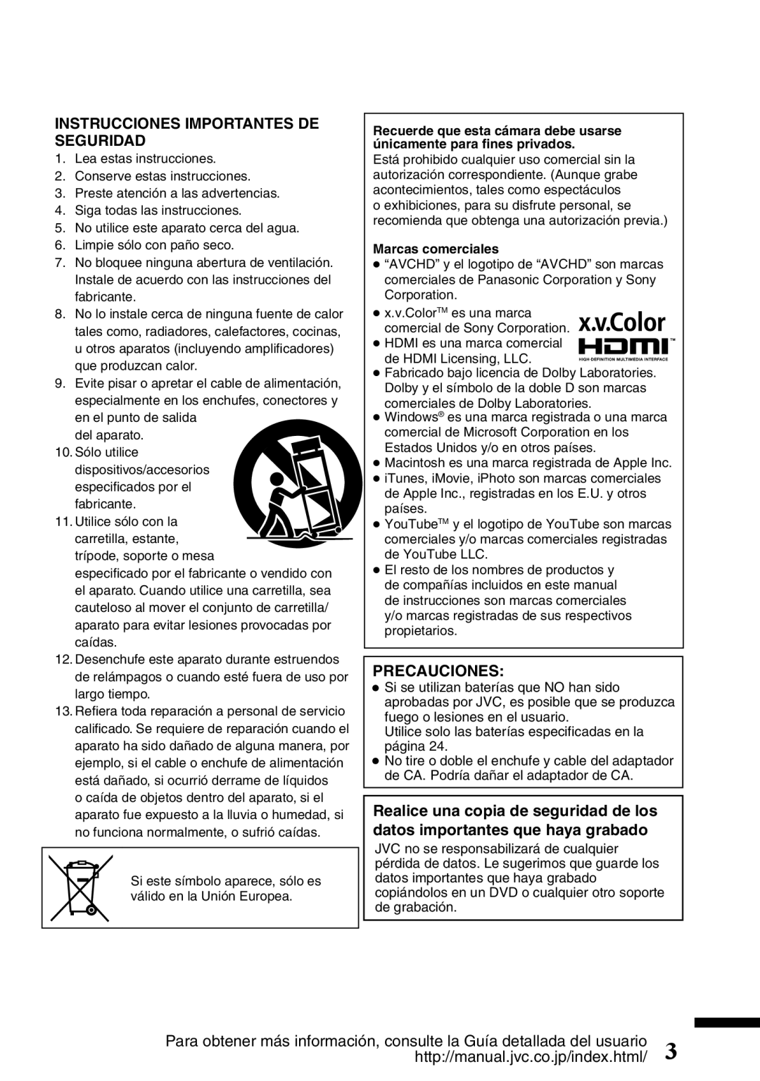 JVC GZ-HD620U manual Instrucciones Importantes DE Seguridad 