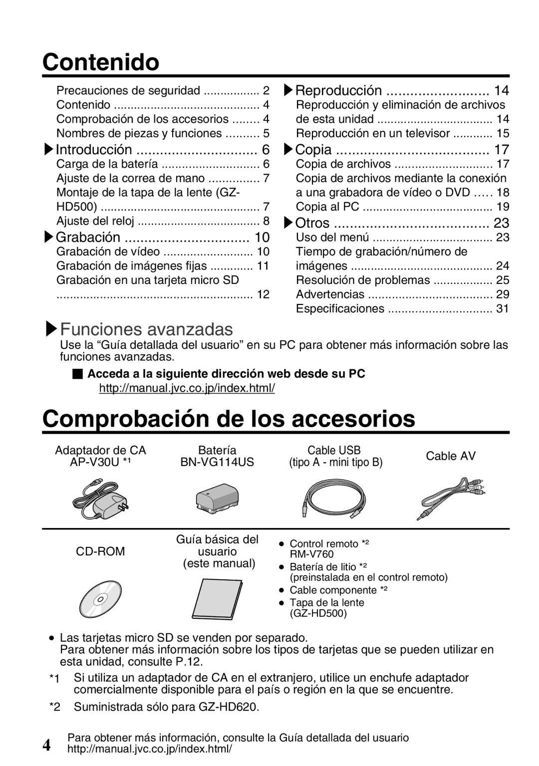 JVC GZ-HD620U manual Contenido, Comprobación de los accesorios 