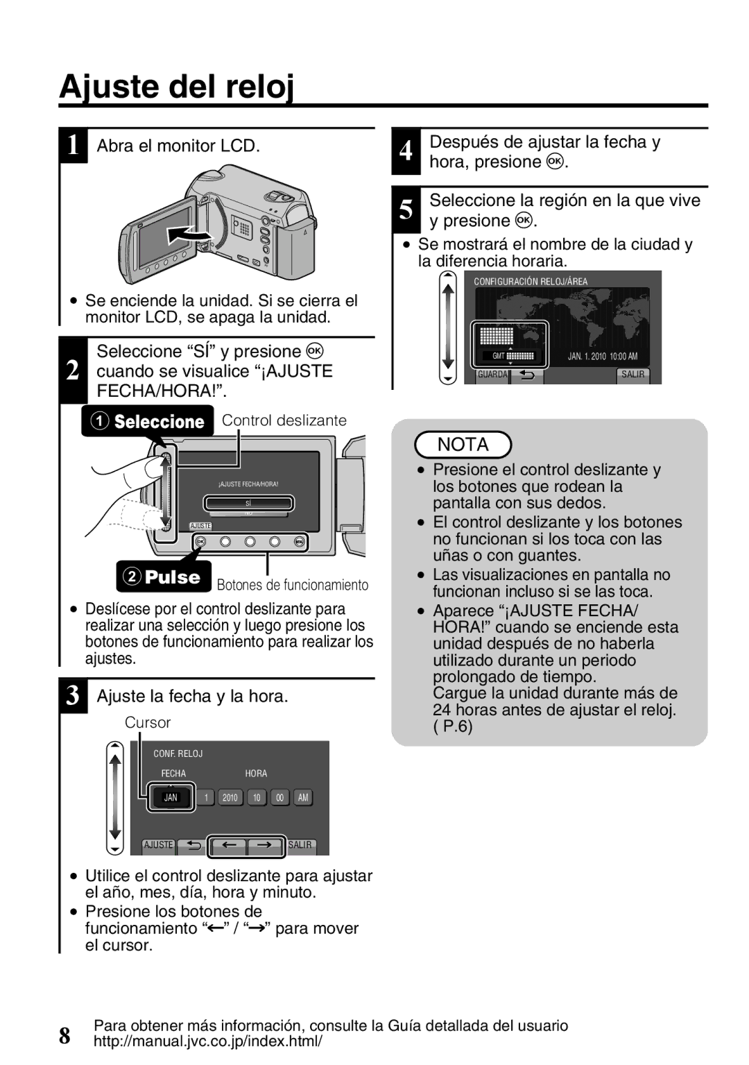 JVC GZ-HD620U manual Ajuste del reloj, Ajuste la fecha y la hora 