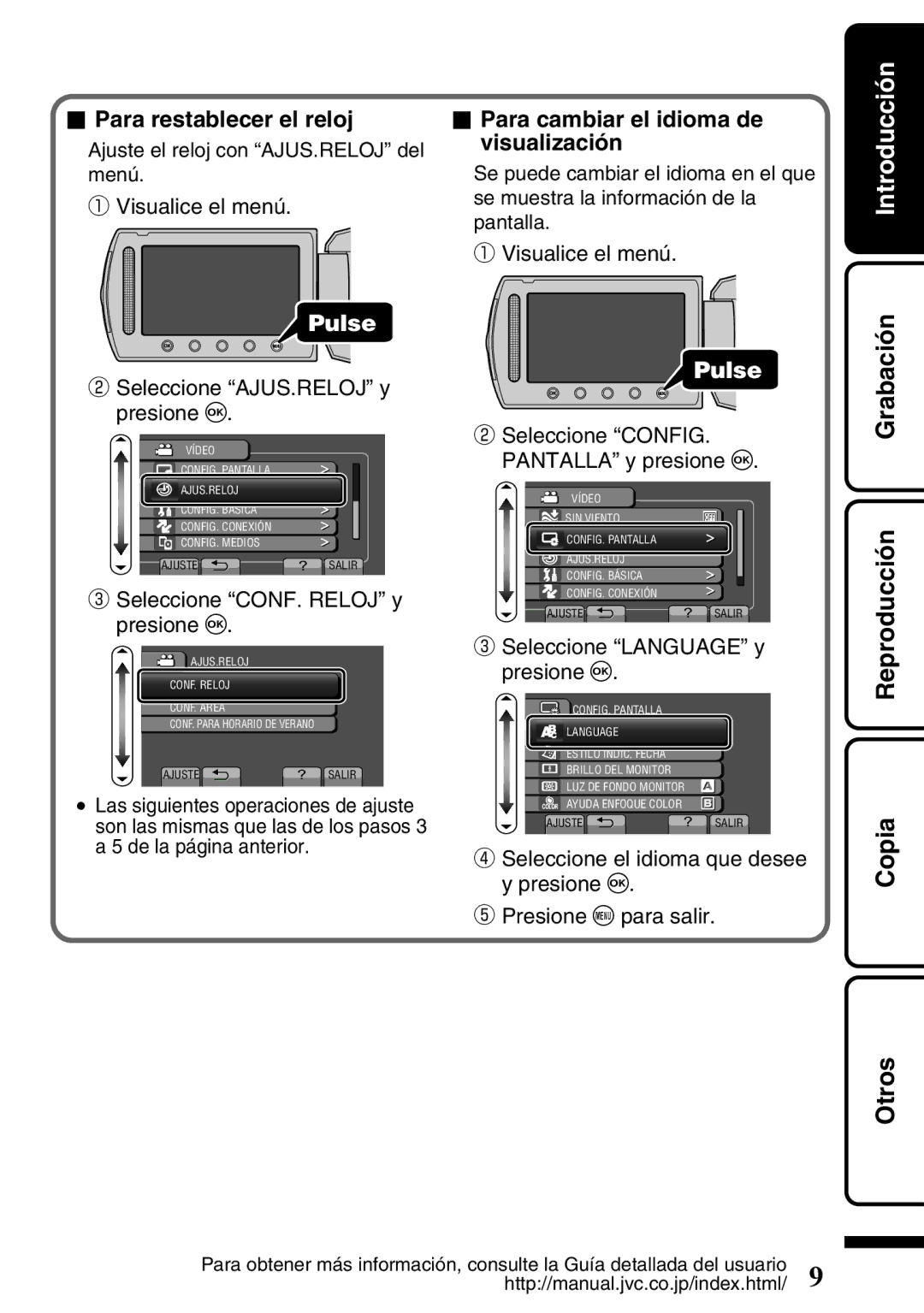 JVC GZ-HD620U manual Copia Reproducción Grabación Otros, Para restablecer el reloj, Para cambiar el idioma de visualización 